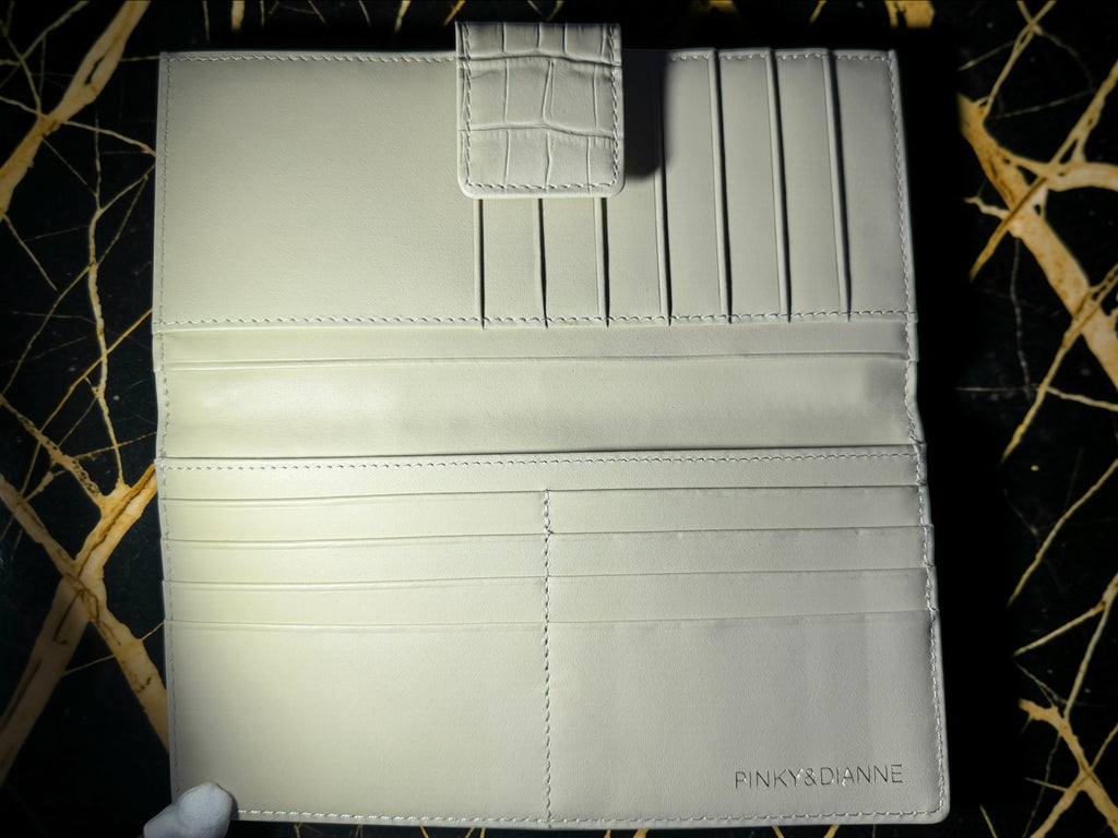 Pinky&Dianne Ivory Long Bifold Wallet in Croc-Embossed Leather