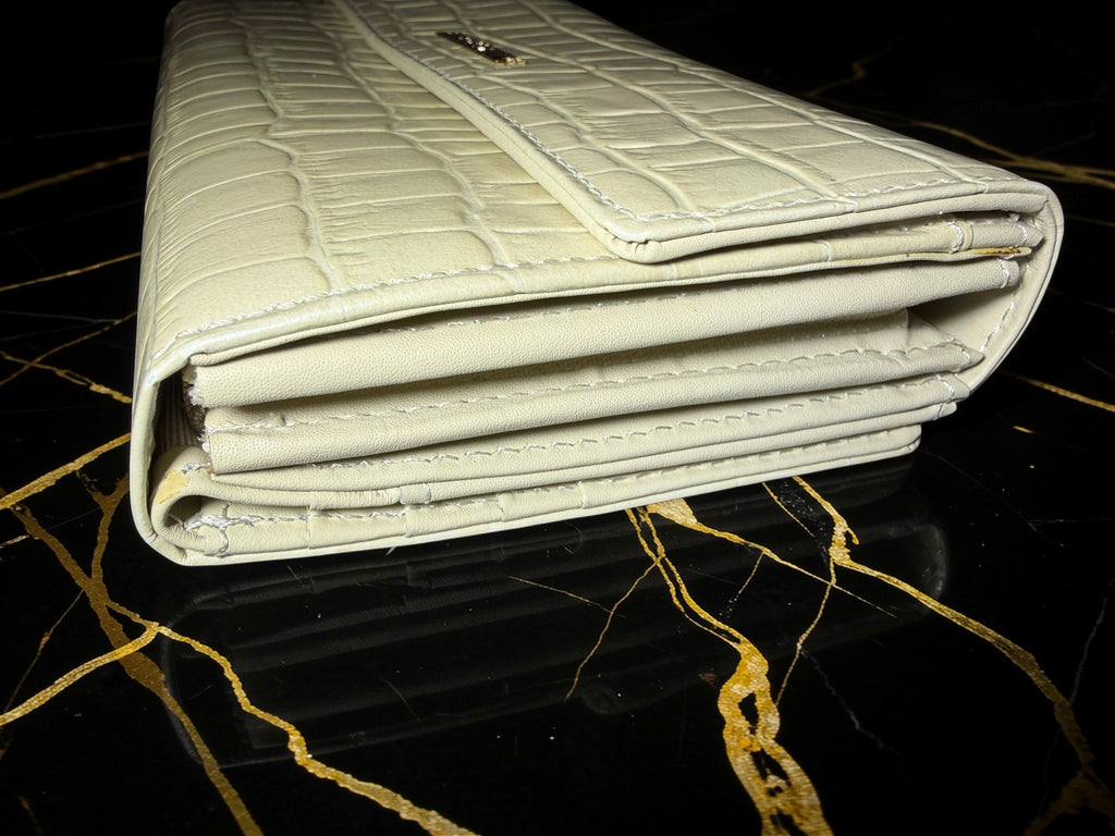 Pinky&Dianne Ivory Long Bifold Wallet in Croc-Embossed Leather