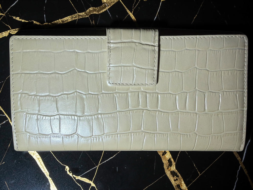 Pinky&Dianne Ivory Long Bifold Wallet in Croc-Embossed Leather
