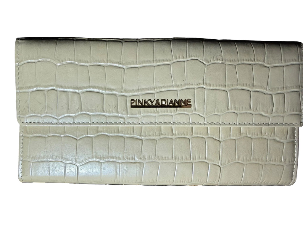 Pinky&Dianne Ivory Long Bifold Wallet in Croc-Embossed Leather