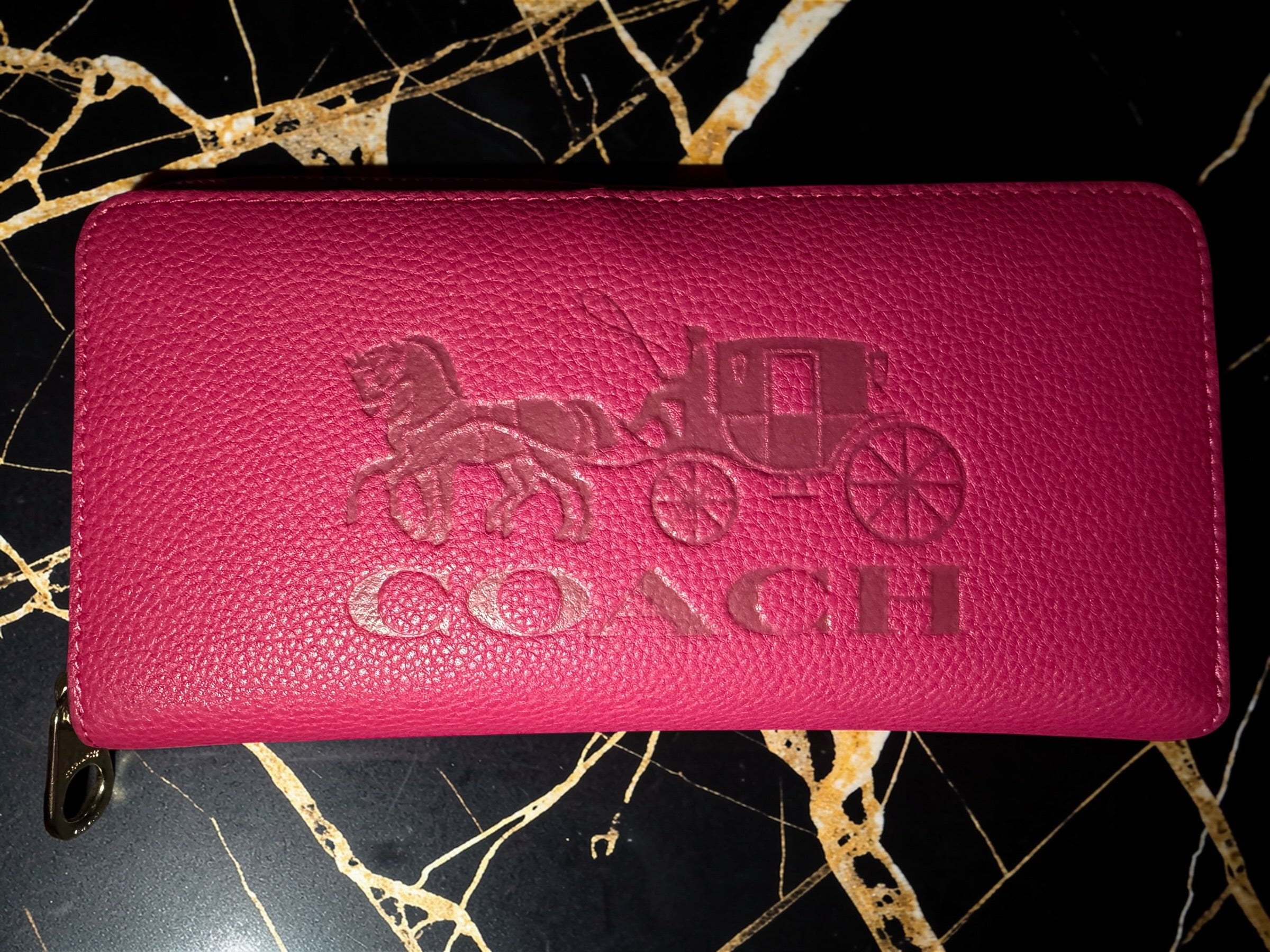 Coach Pink Long Zip-Around Wallet in Pebbled Leather