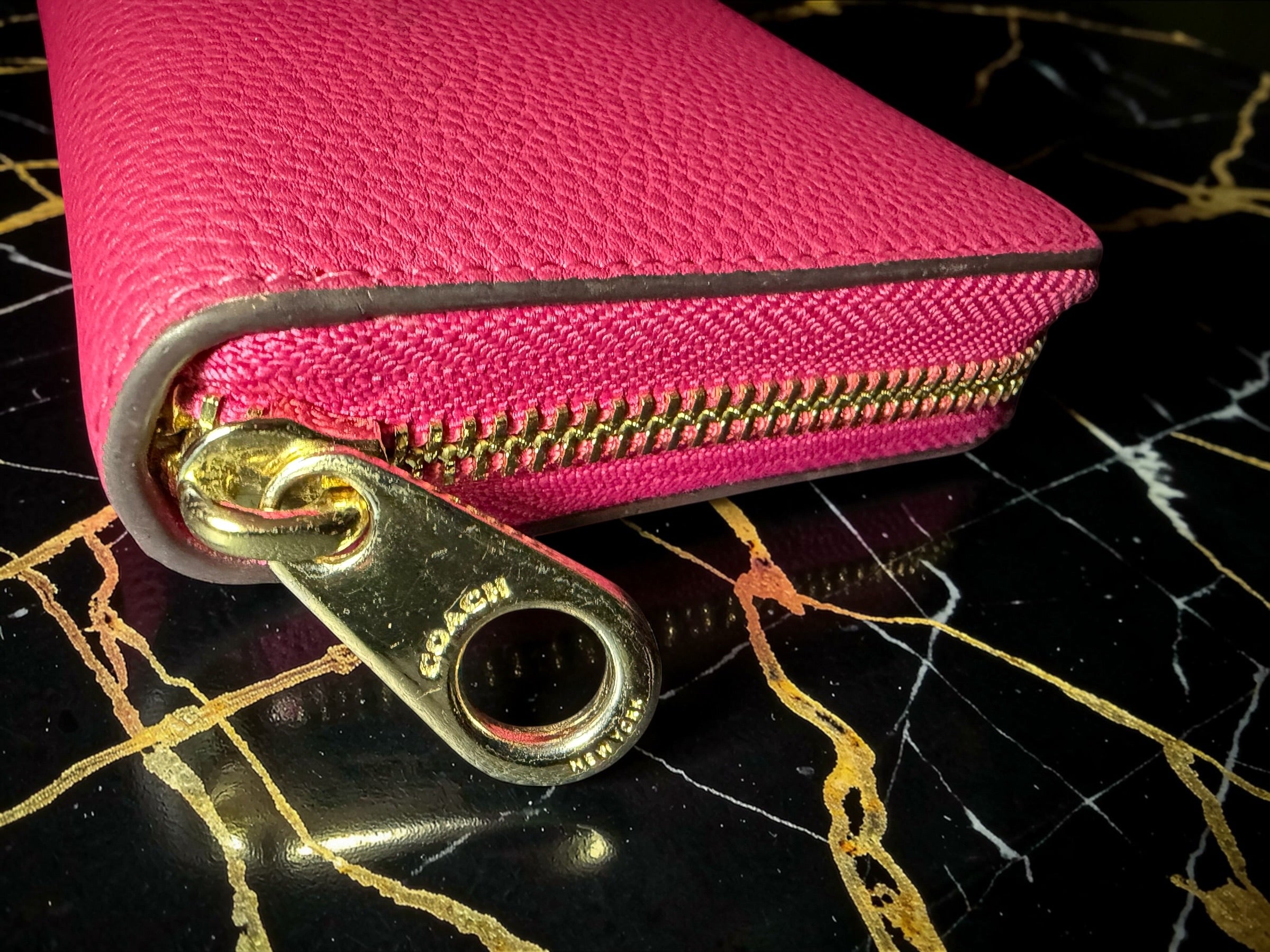 Coach Pink Long Zip-Around Wallet in Pebbled Leather