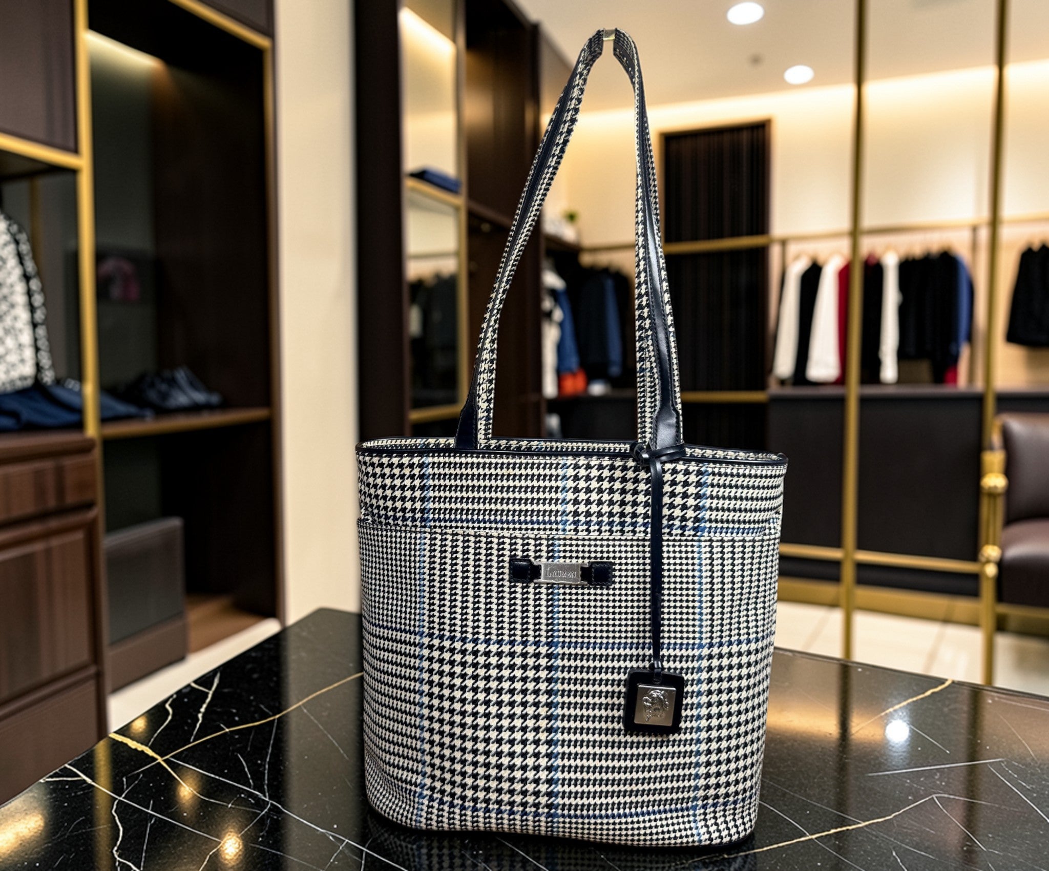 Lauren Ralph Lauren Houndstooth Tote Bag – Black & Cream Check