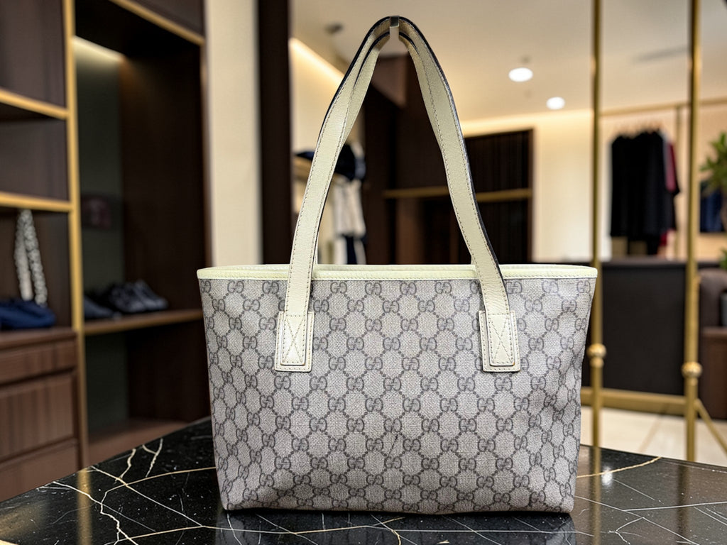 Gucci GG Supreme Joy Tote Bag Beige Monogram cream leather straps