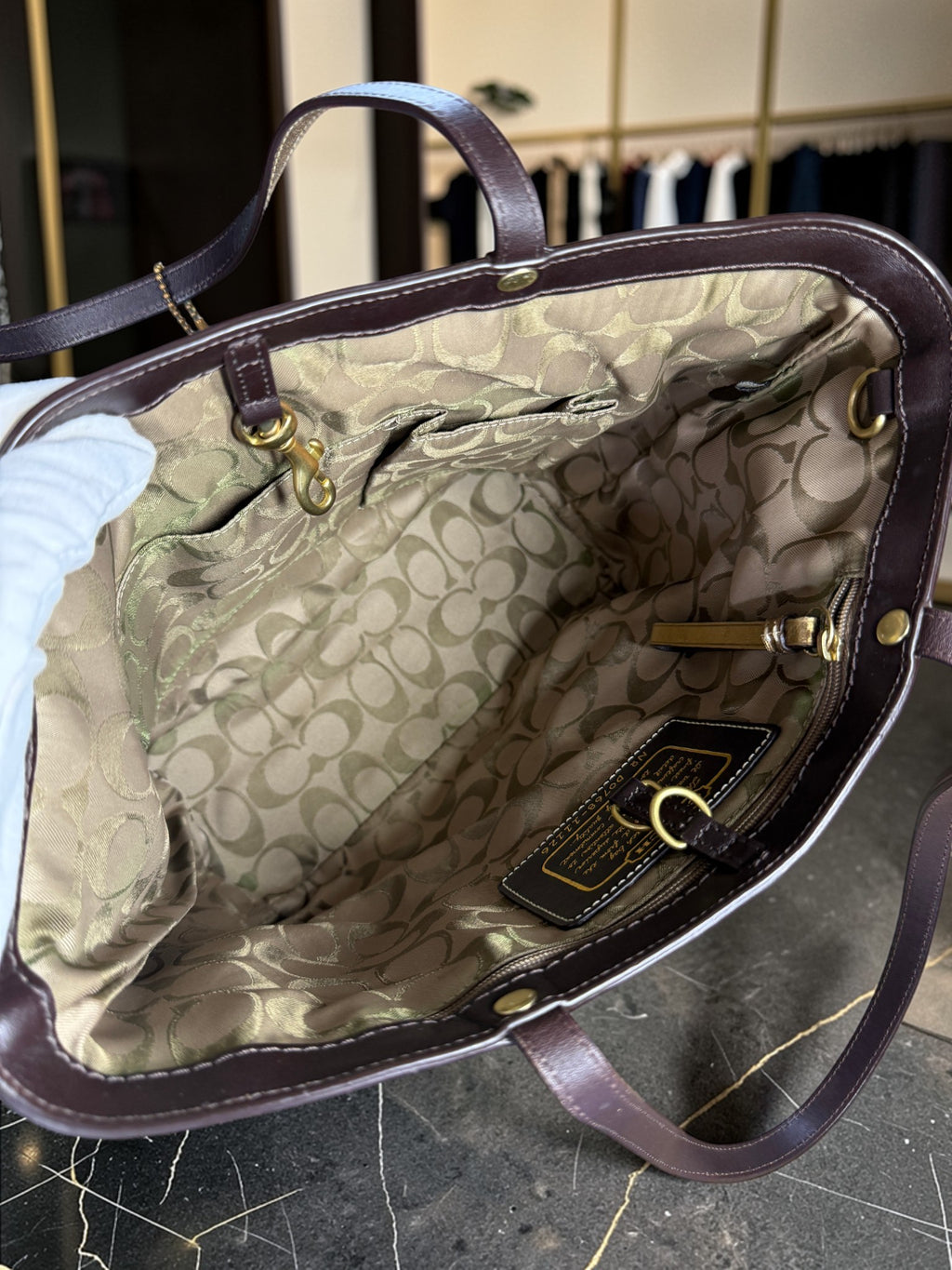 Coach Legacy Satin Striped Tote Bag Gold leather trim