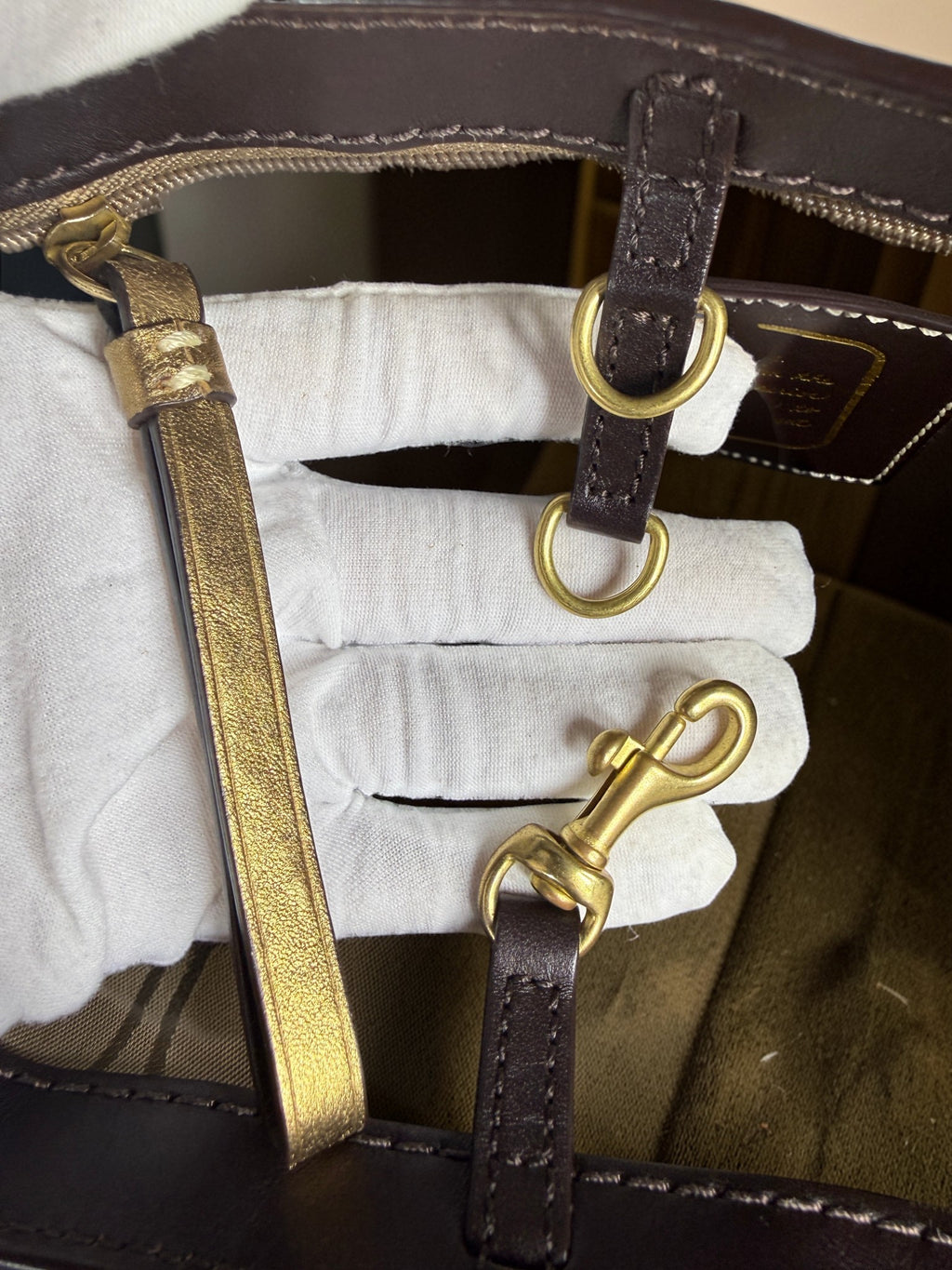 Coach Legacy Satin Striped Tote Bag Gold leather trim