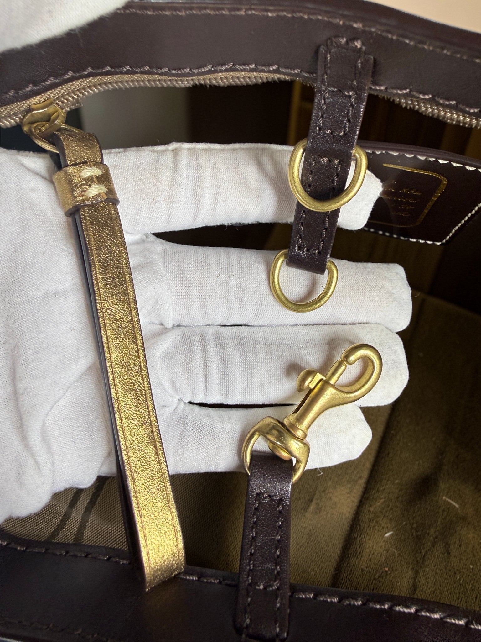 Coach Legacy Satin Striped Tote Bag Gold leather trim