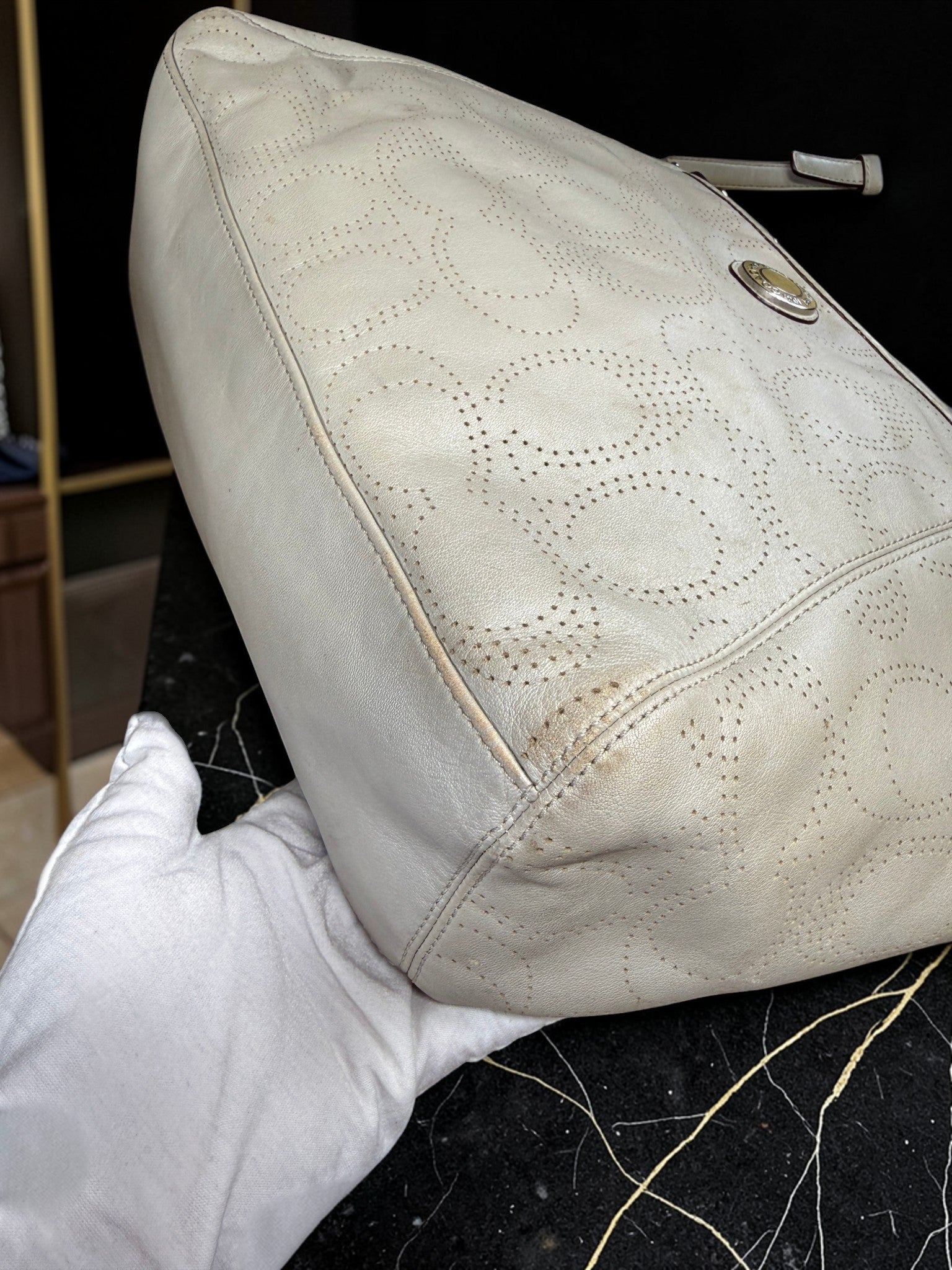 Coach Perforated light grey Leather Shoulder Tote Bag
