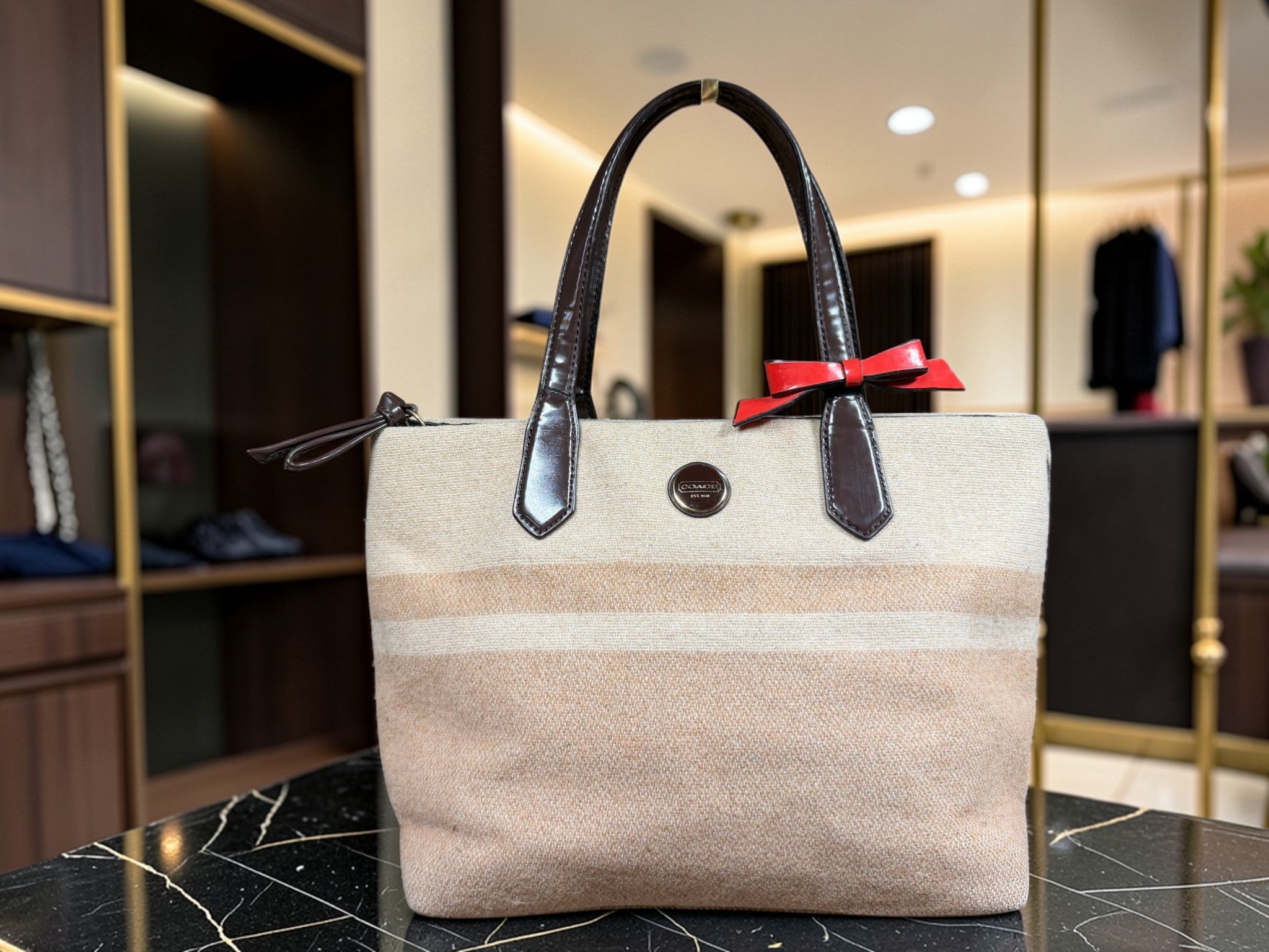 Coach Signature Stripe Woll-Einkaufstasche mit roter Schleife (H1361-F24786)