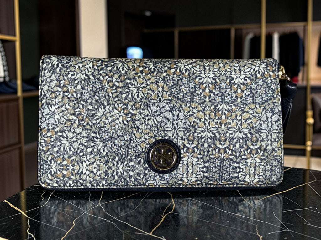 Tory Burch Reißverschlussbörse aus geometrischem Jacquard in Marineblau