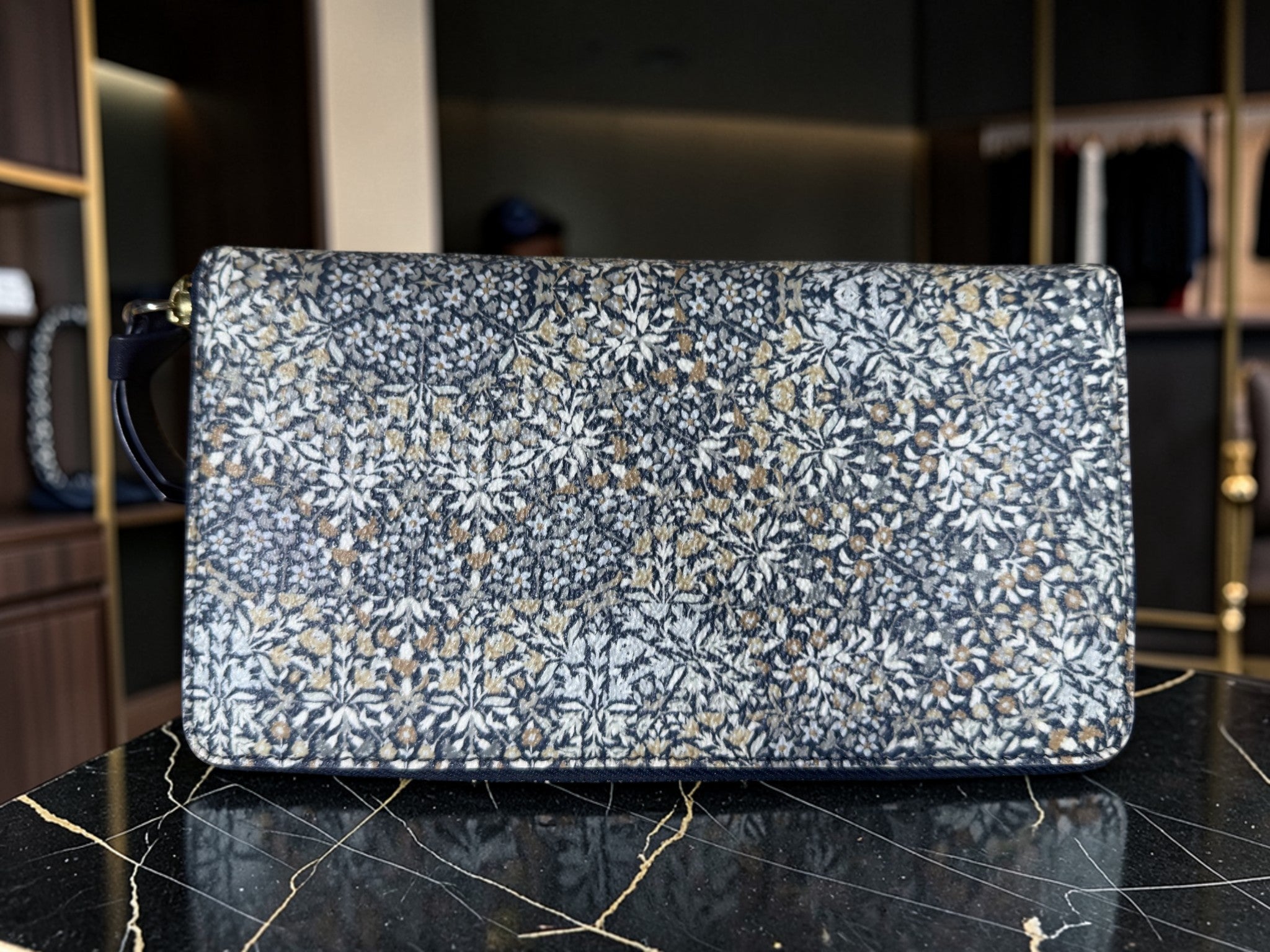 Tory Burch Zip-Around Wallet in Navy Geometric Jacquard