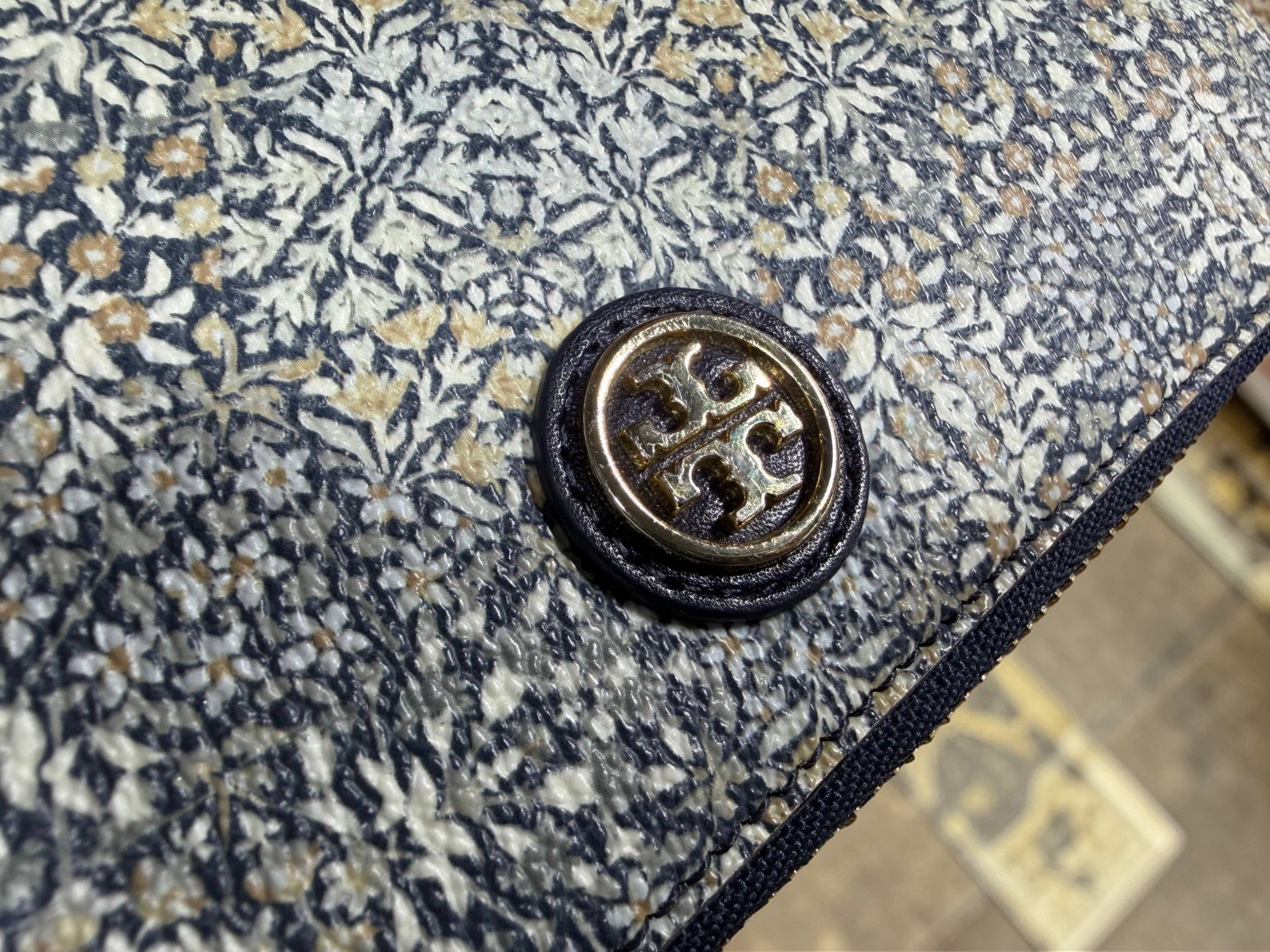 Tory Burch Zip-Around Wallet in Navy Geometric Jacquard