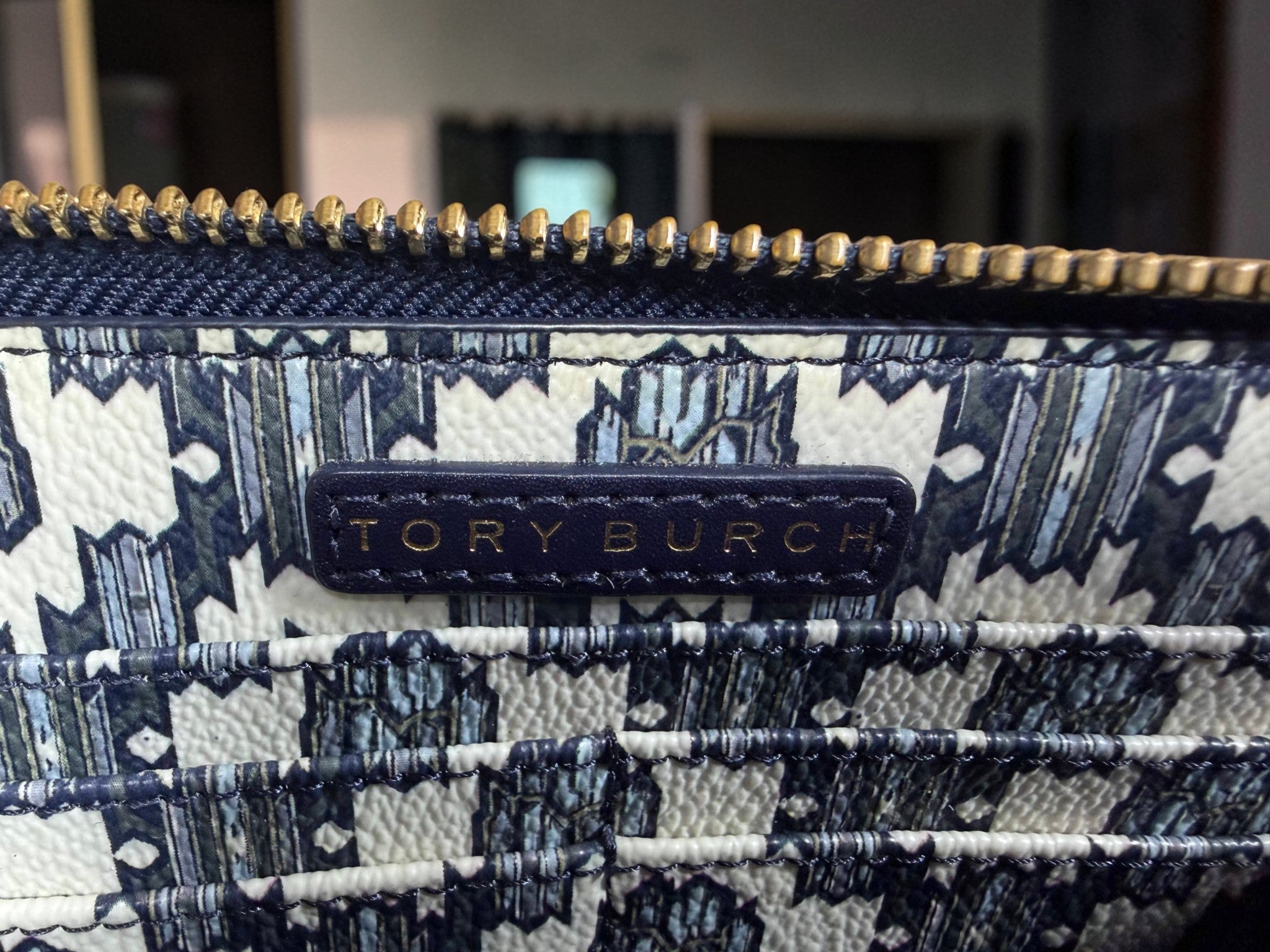 Tory Burch Zip-Around Wallet in Navy Geometric Jacquard