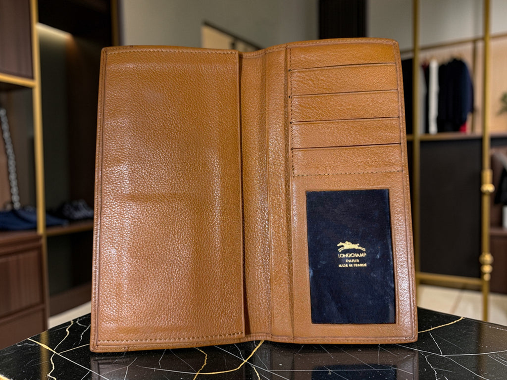 Longchamp Long Continental Wallet in Navy Canvas & Tan Leather (Made in France)