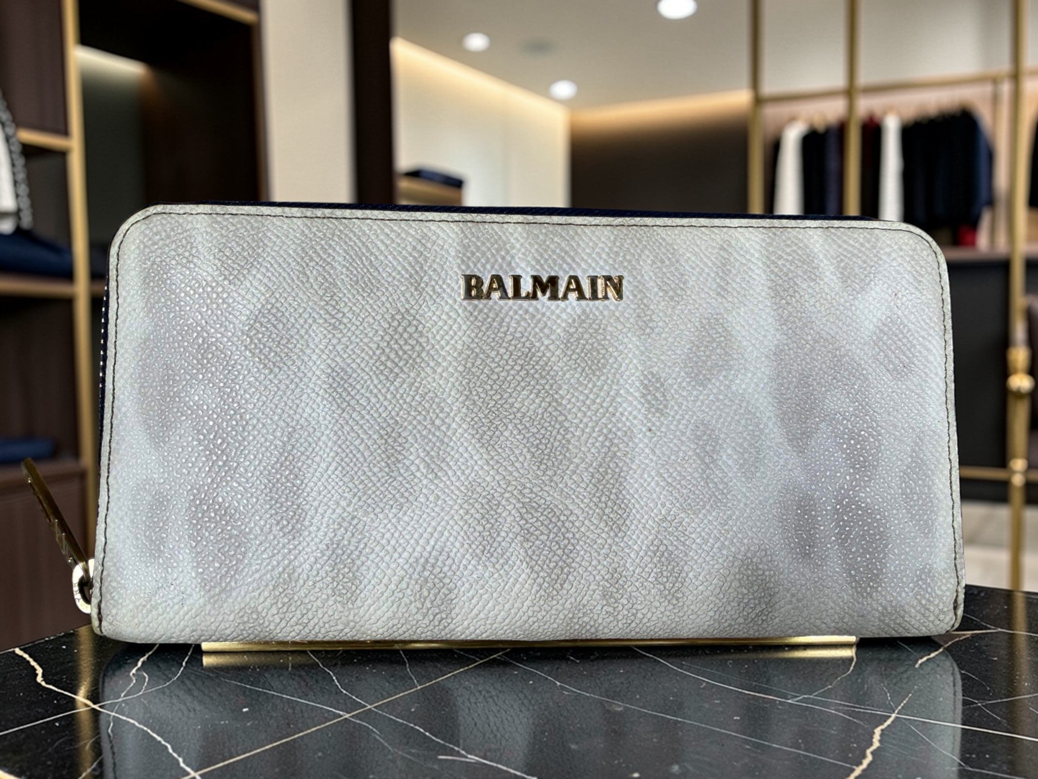 Balmain Long Zip-Around Wallet in Cream Lizard-Embossed Leather