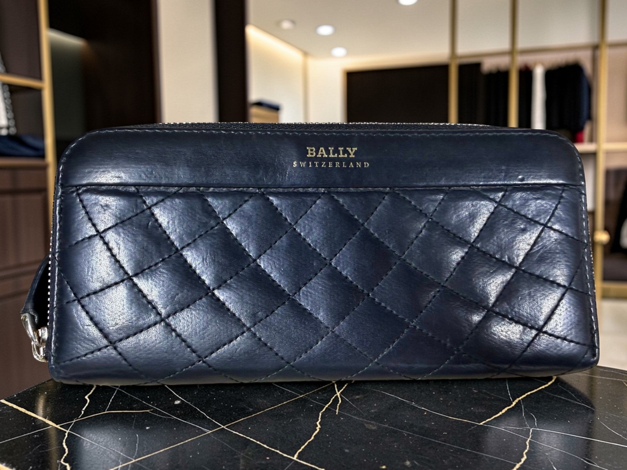 Bally Long Zip-Around Quilted Leather Wallet in Navy