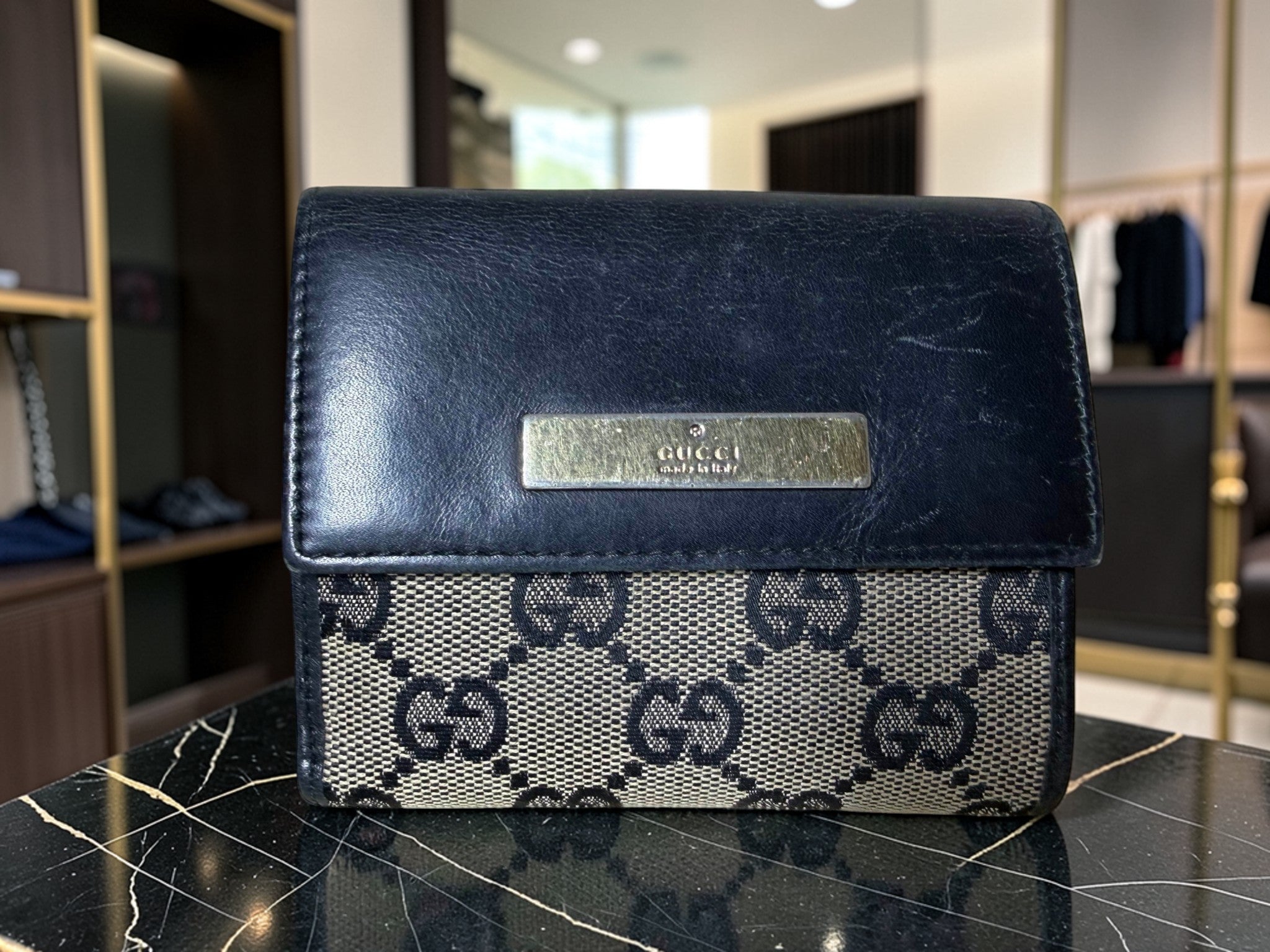 Gucci GG Supreme Canvas Geldbörse mit schwarzem Lederbesatz