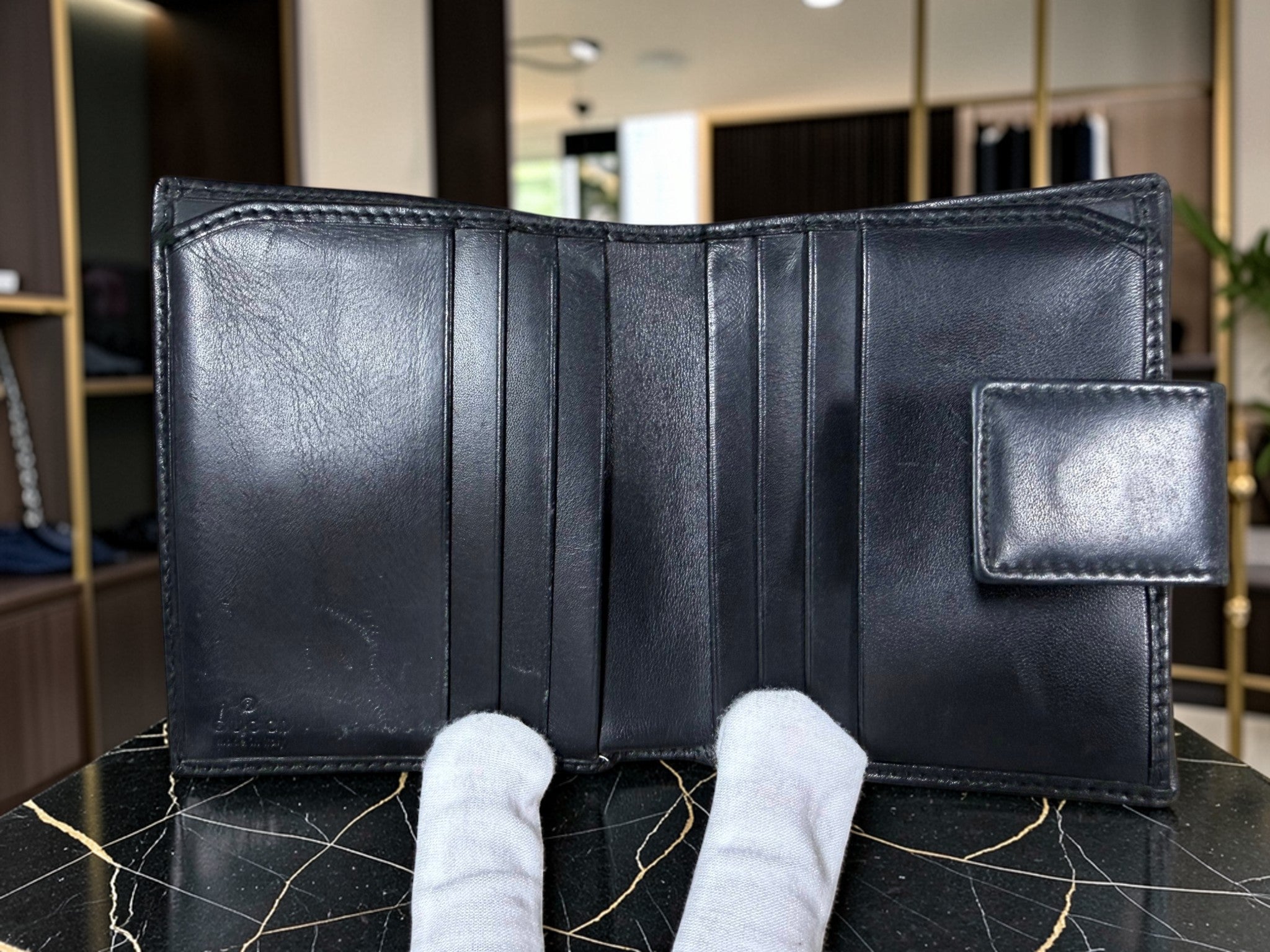 Gucci GG Supreme Canvas Geldbörse mit schwarzem Lederbesatz
