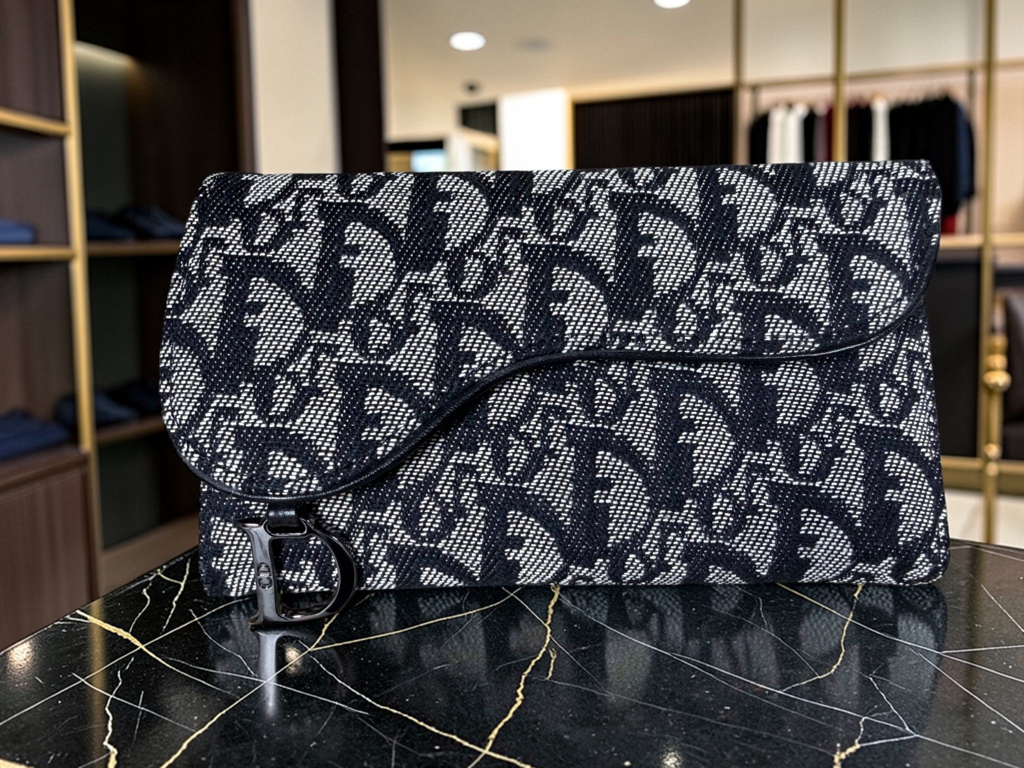 Christian Dior Trotter Saddle Long Trifold Wallet in Black Oblique Canvas Jean