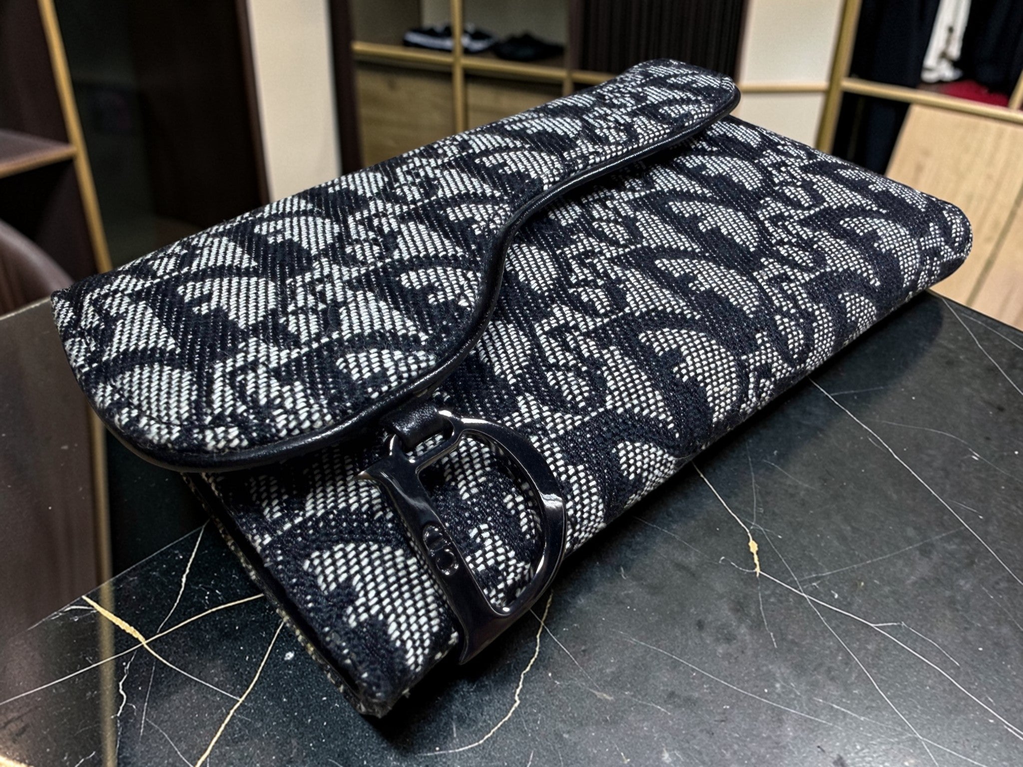 Christian Dior Trotter Saddle Long Trifold Wallet in Black Oblique Canvas Jean