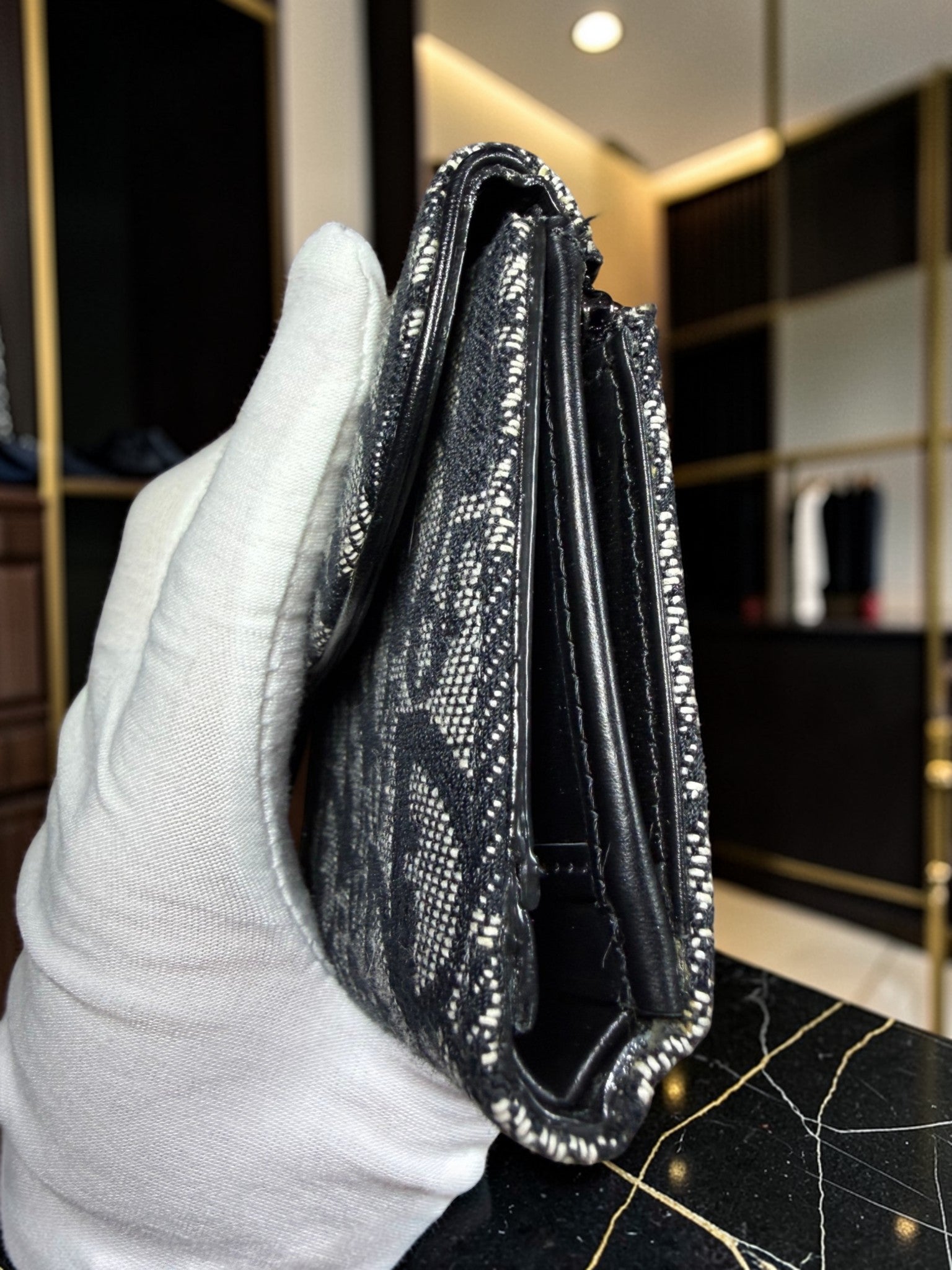 Christian Dior Trotter Saddle Long Trifold Wallet aus schwarzem Oblique Canvas Jean