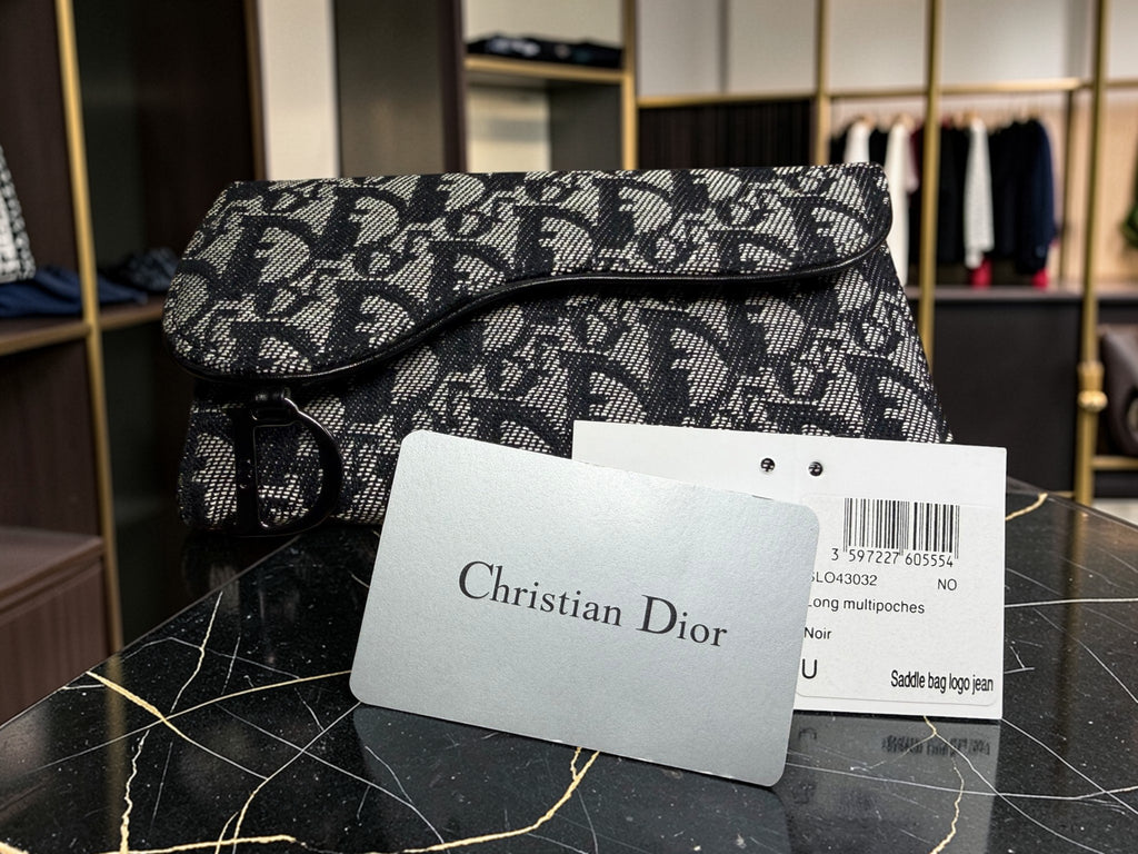 Christian Dior Trotter Saddle Long Trifold Wallet aus schwarzem Oblique Canvas Jean
