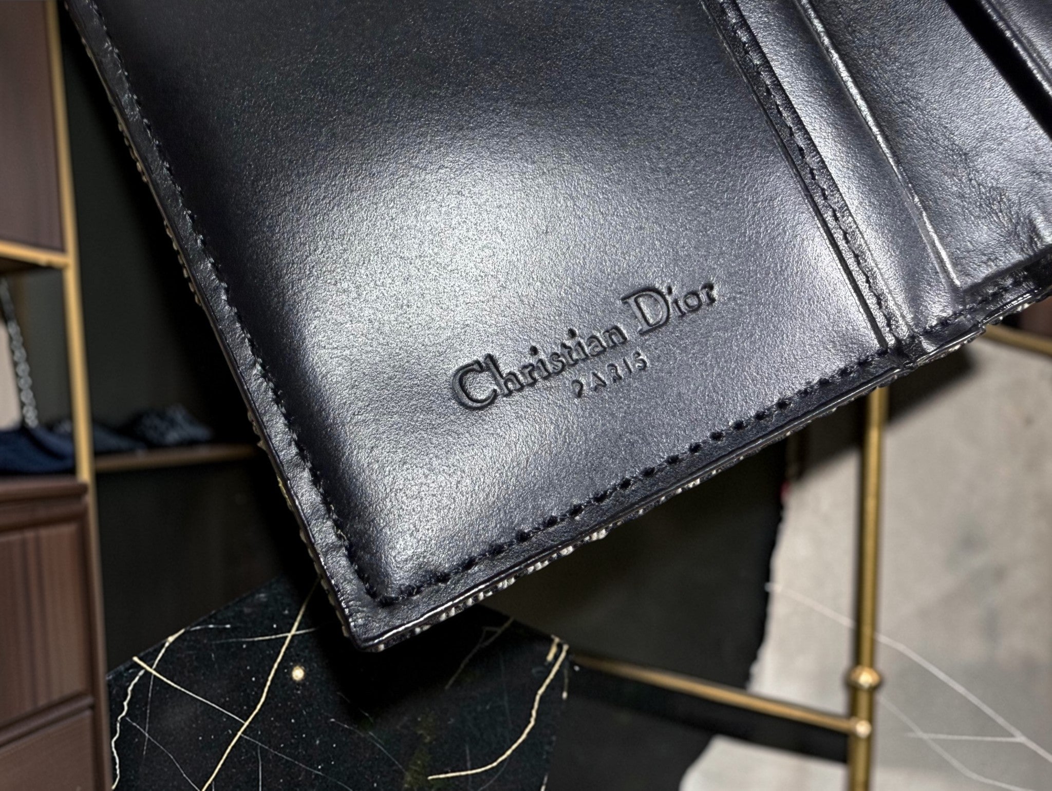 Christian Dior Trotter Saddle Long Trifold Wallet aus schwarzem Oblique Canvas Jean