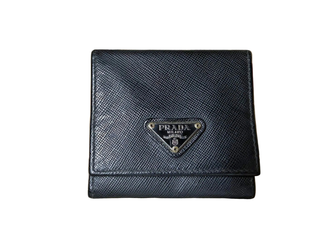 Prada Black Saffiano Leather Coin Purse with Triangle Logo