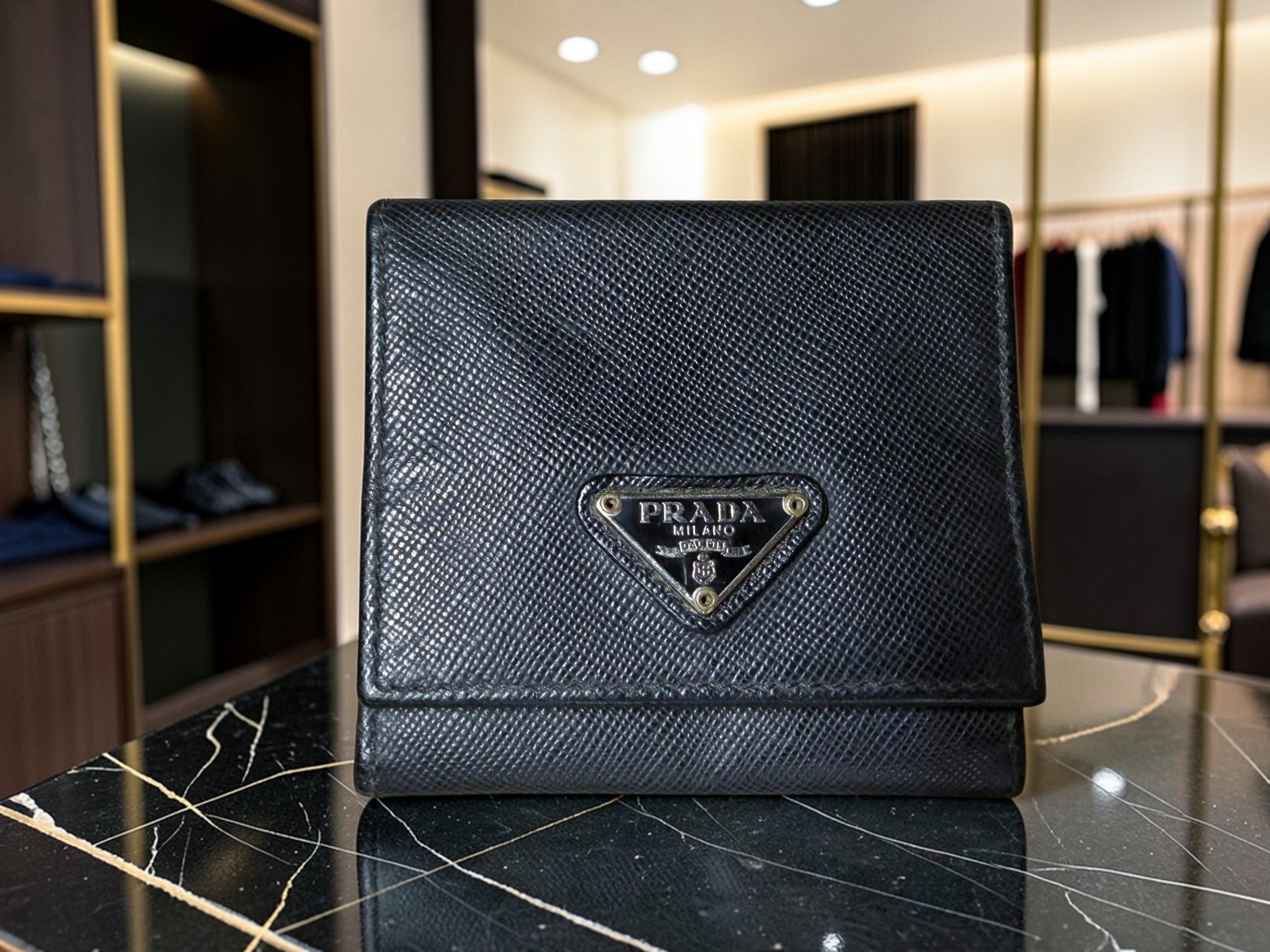 Prada Black Saffiano Leather Coin Purse with Triangle Logo
