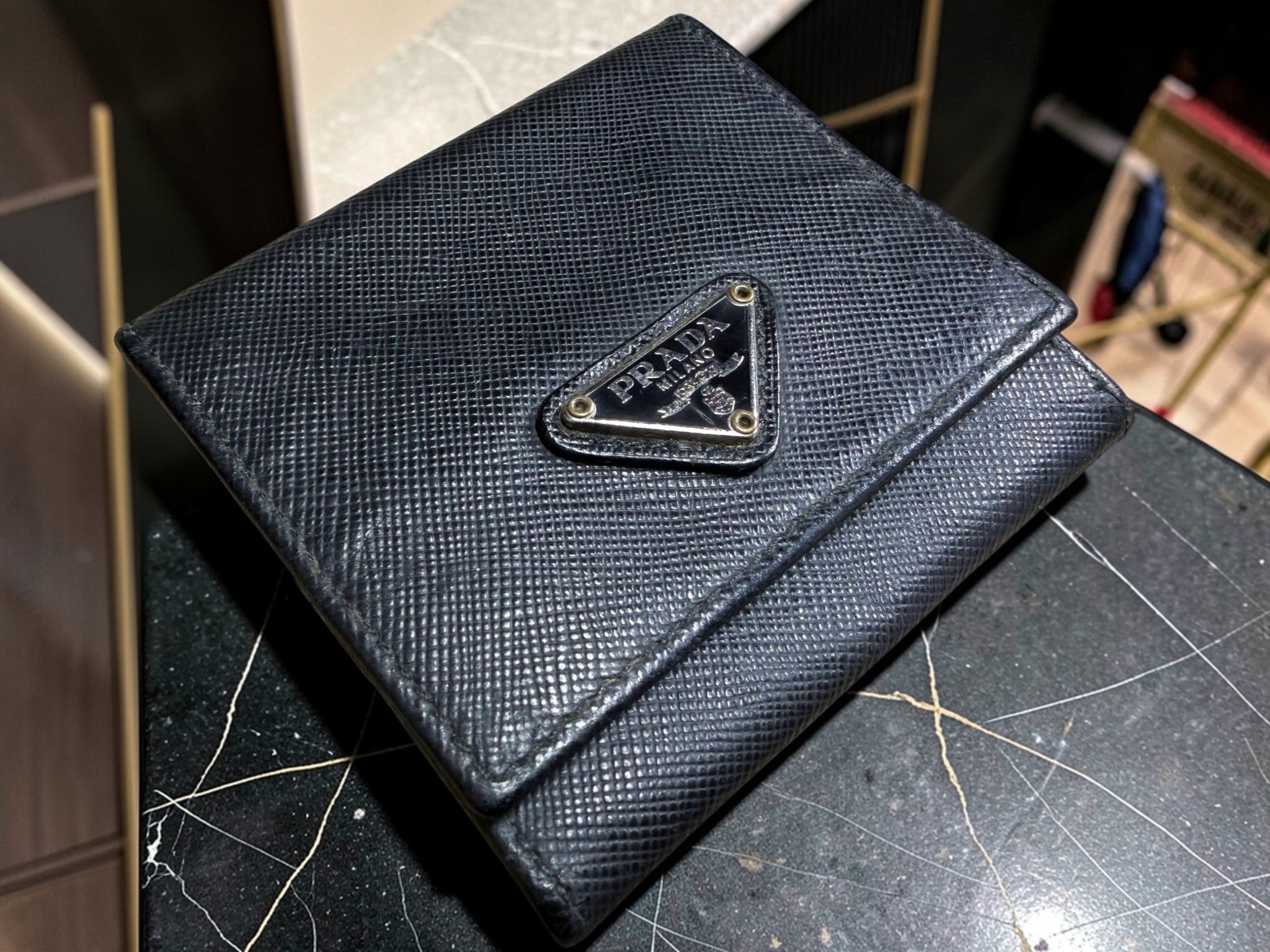 Prada Black Saffiano Leather Coin Purse with Triangle Logo