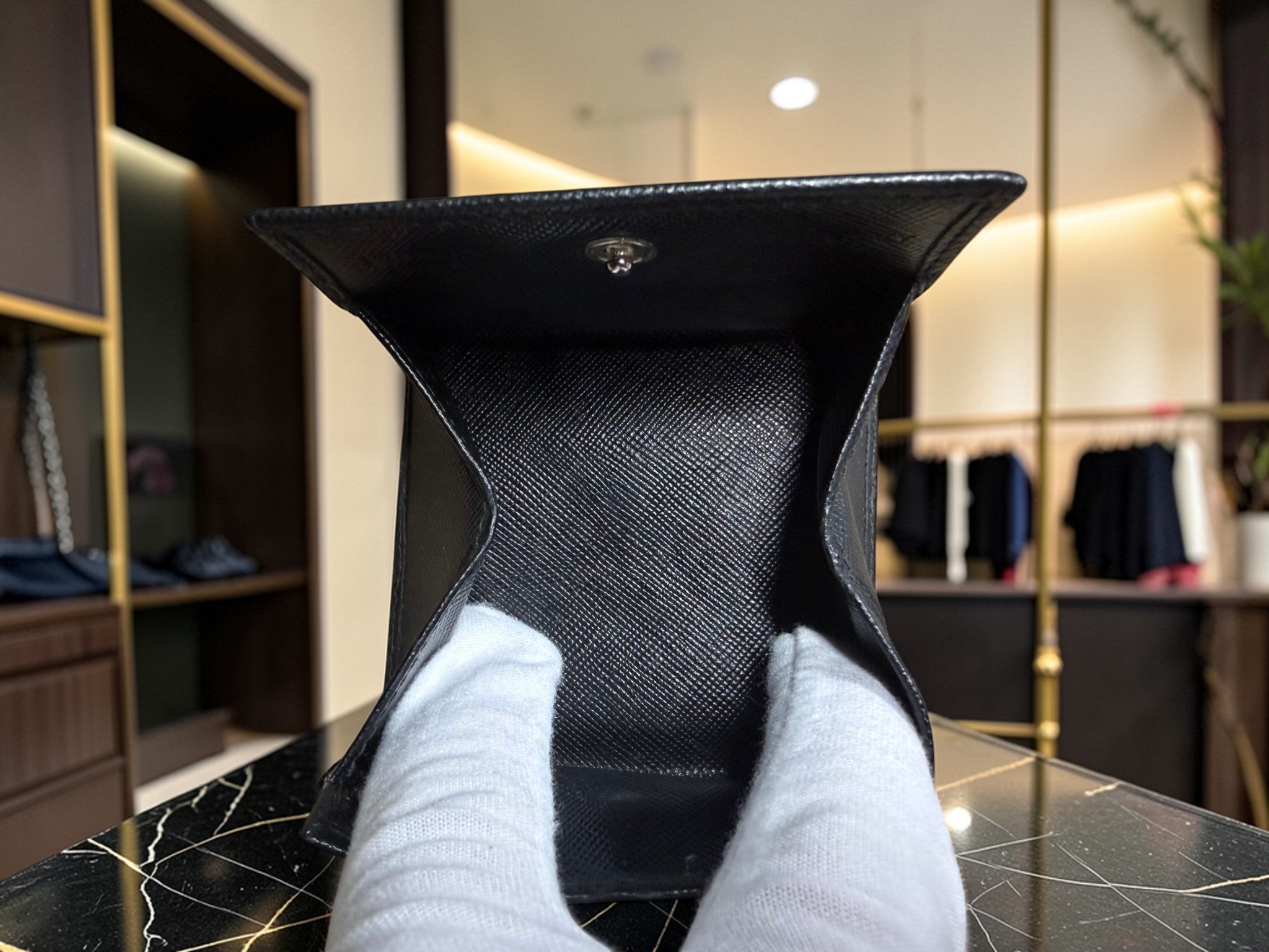 Prada Black Saffiano Leather Coin Purse with Triangle Logo