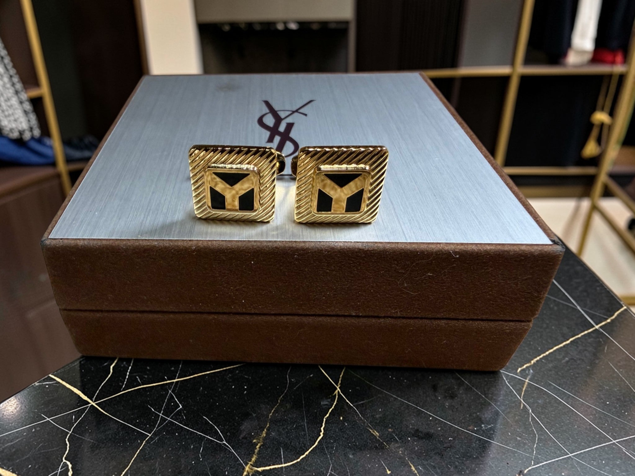 Vintage Yves Saint Laurent (YSL) Gold-Tone Square Cufflinks with Black Enamel "Y" Logo