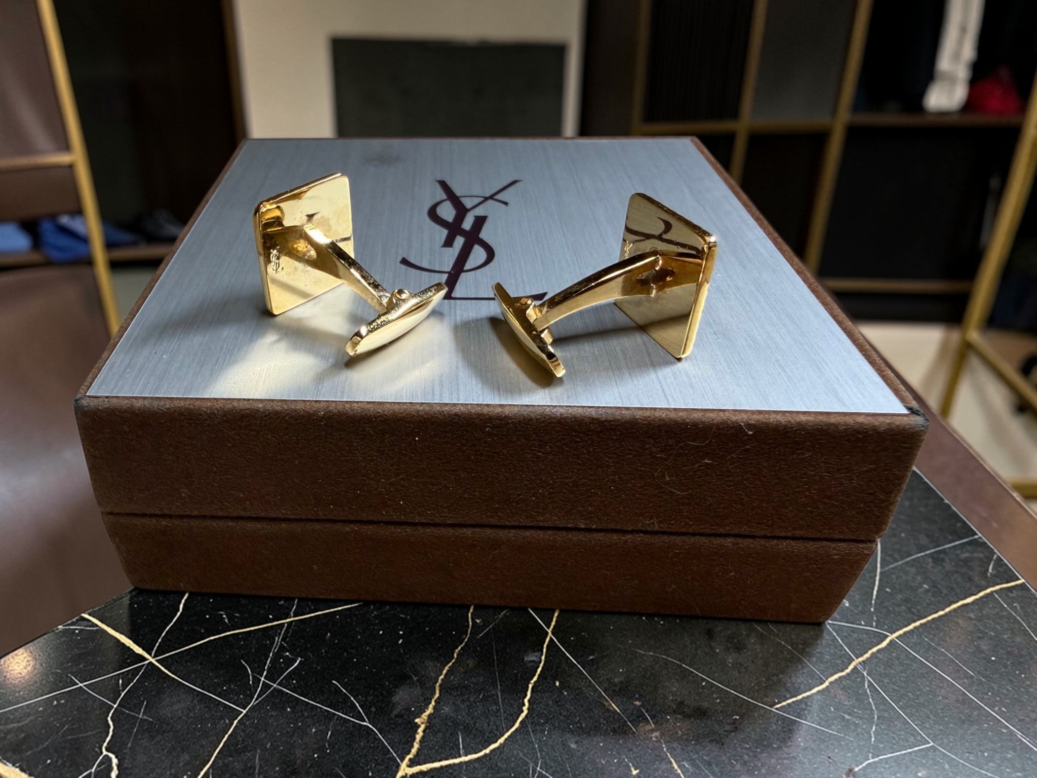 Vintage Yves Saint Laurent (YSL) Gold-Tone Square Cufflinks with Black Enamel "Y" Logo