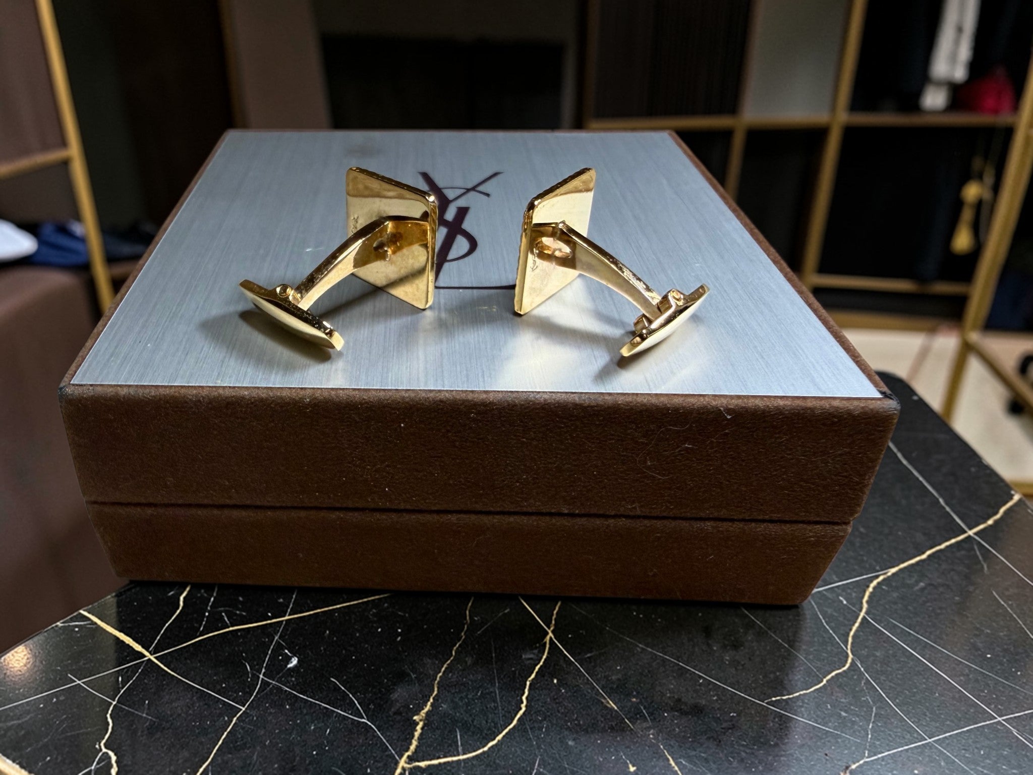 Vintage Yves Saint Laurent (YSL) Gold-Tone Square Cufflinks with Black Enamel "Y" Logo