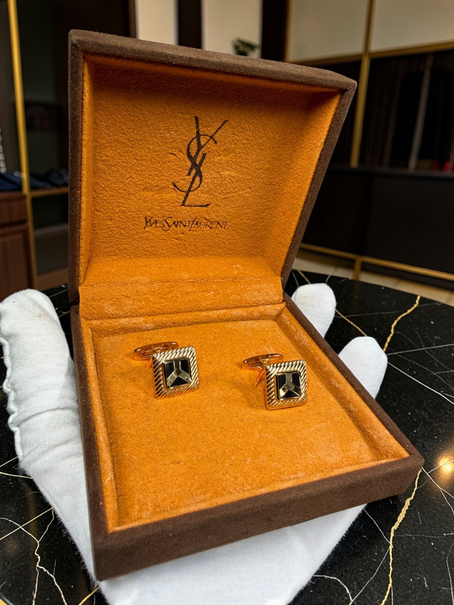 Vintage Yves Saint Laurent (YSL) Gold-Tone Square Cufflinks with Black Enamel "Y" Logo