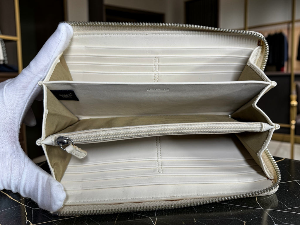 Coach Legacy Signature Canvas Zip Around Wallet with Cream Leather Trim