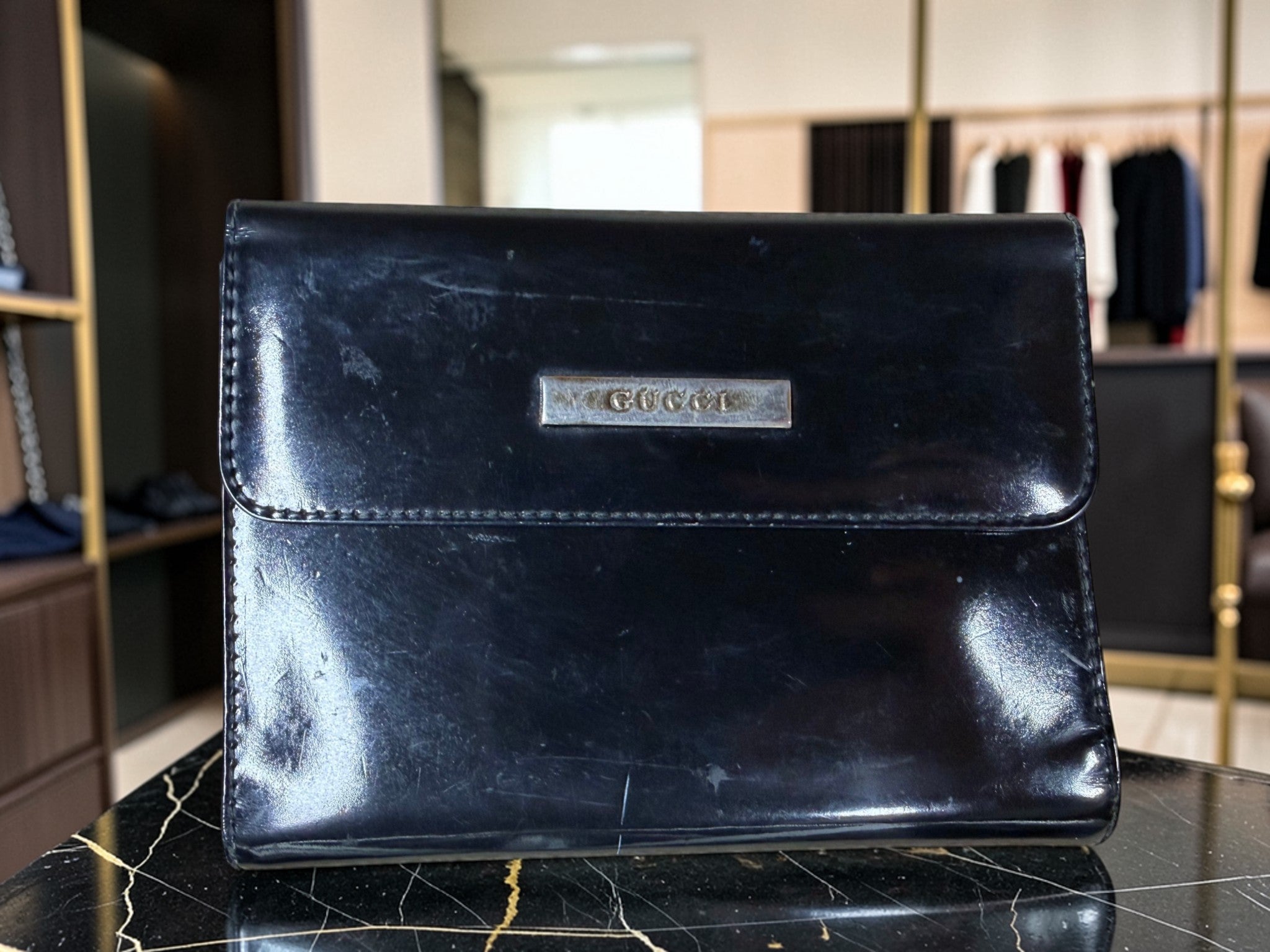 Vintage Rare Gucci Black Patent Leather Agenda / Ring Binder Wallet