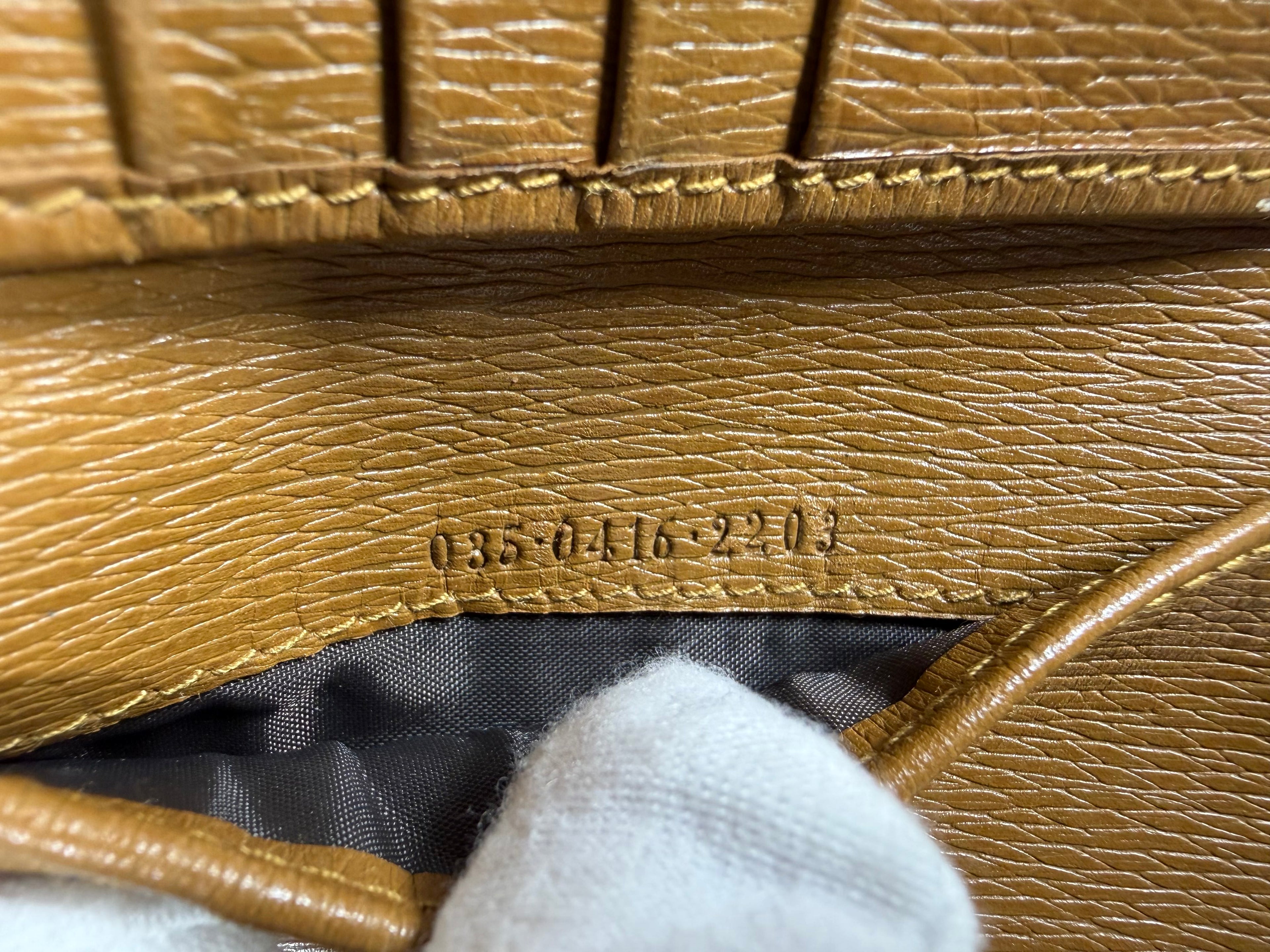 Vintage Gucci Camel Guccissima Leather Bifold Wallet (Tom Ford Era) with "G" Buckle Tab