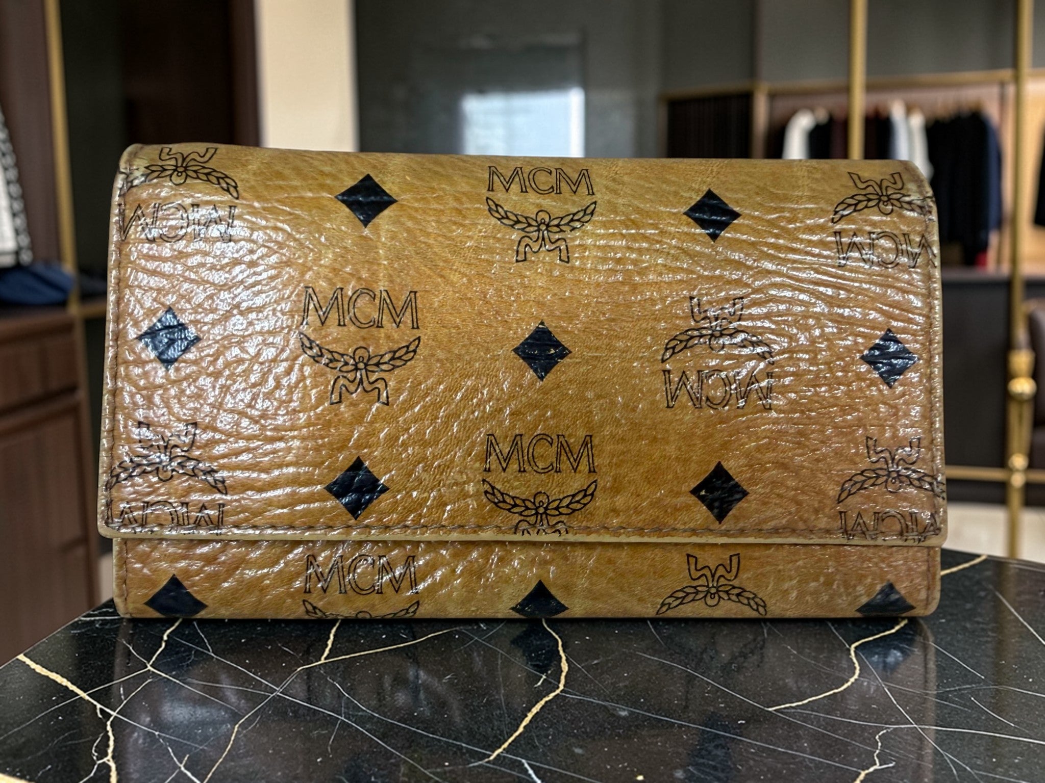MCM Cognac Visetos Monogramm Kiss-Lock Rahmen Geldbörse