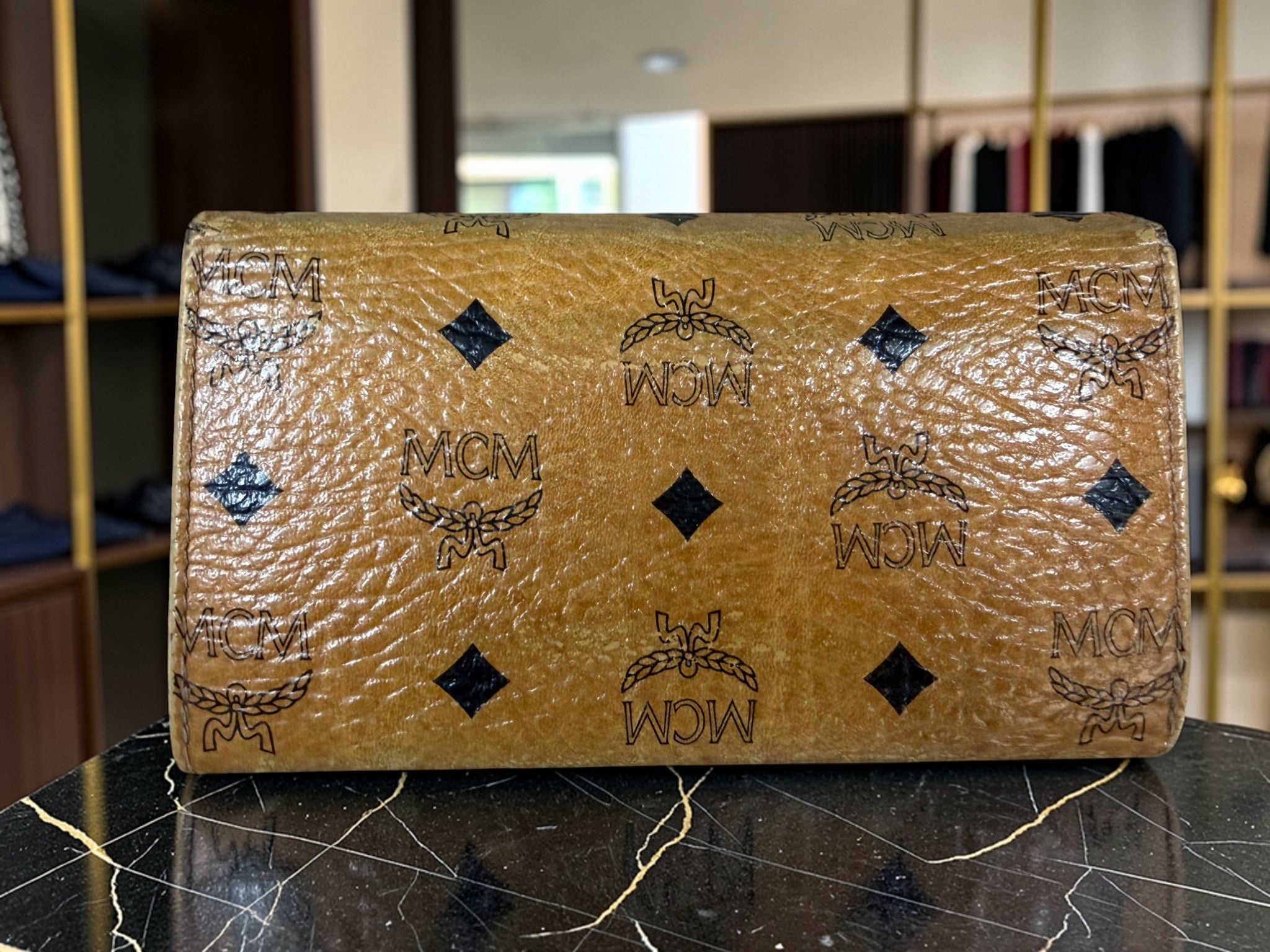 MCM Cognac Visetos Monogramm Kiss-Lock Rahmen Geldbörse