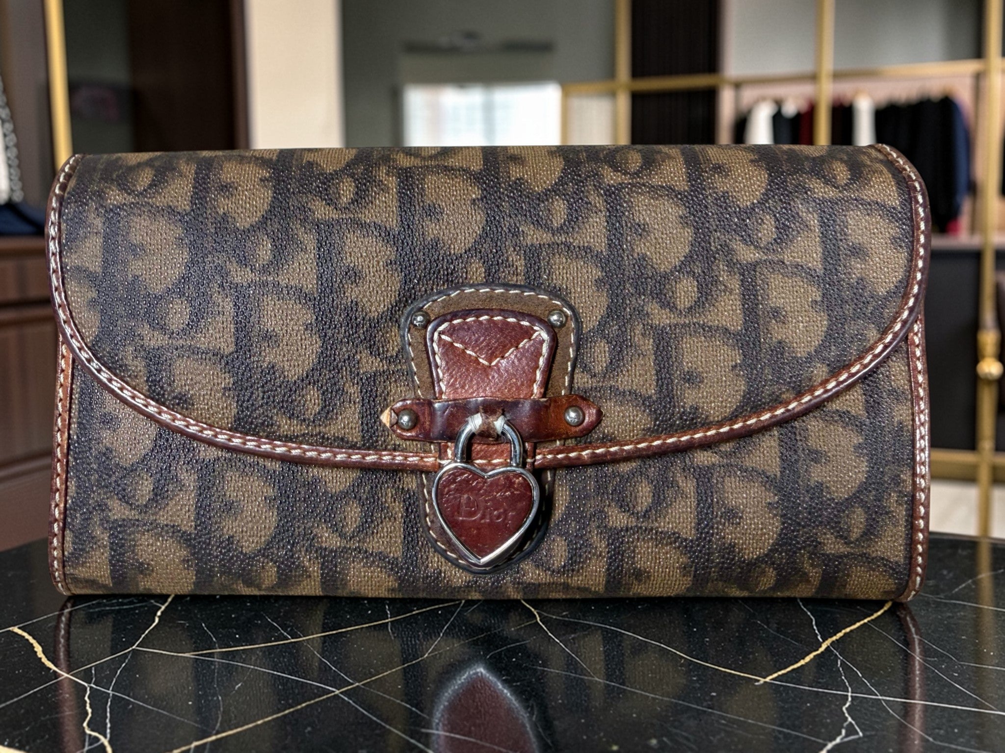 Christian Dior Vintage Monogram Heart Charm Long Wallet