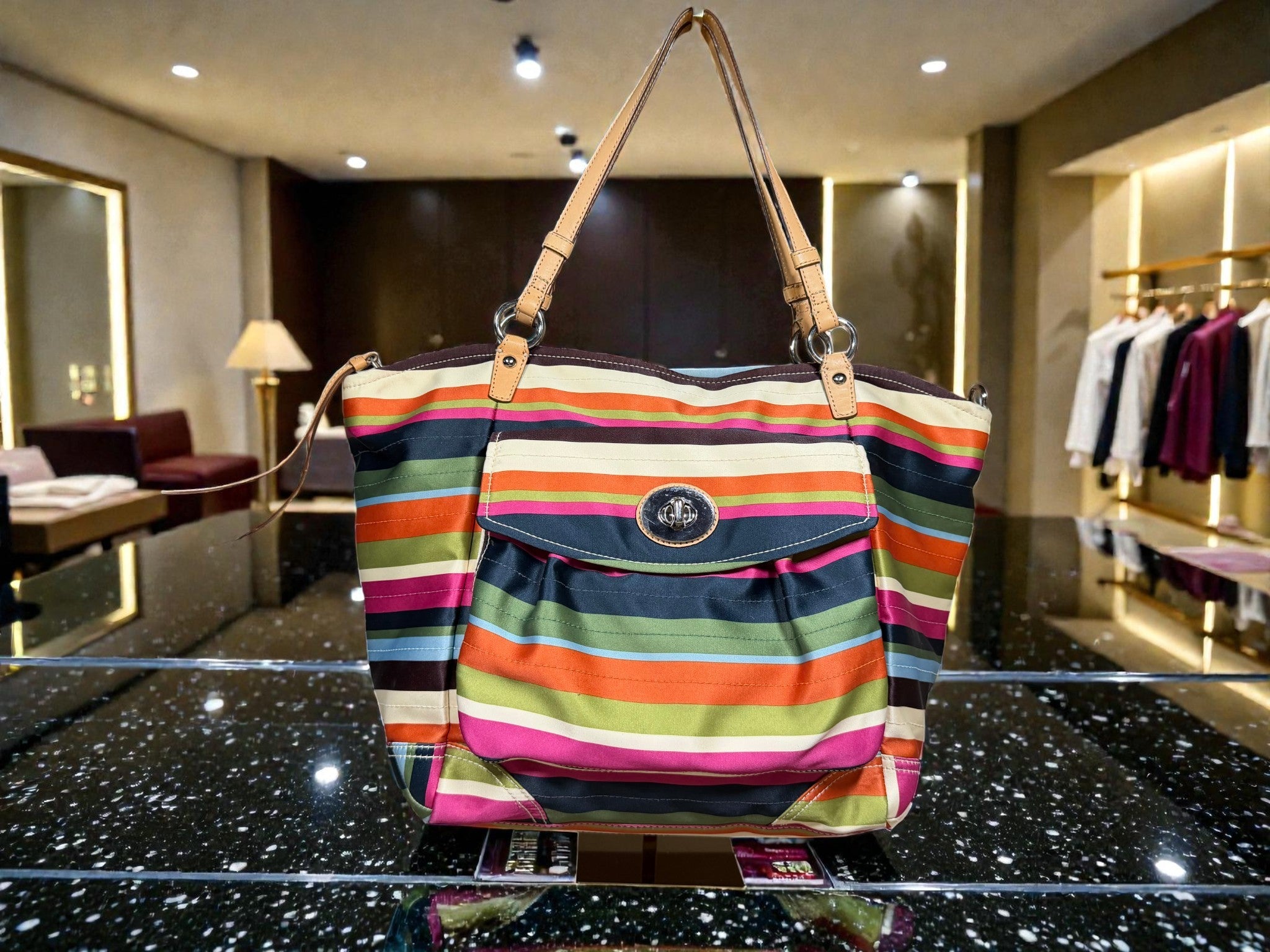 Coach Legacy Leah Satin Stripe Large Tote – Multicolour Nylon & Leather Trim