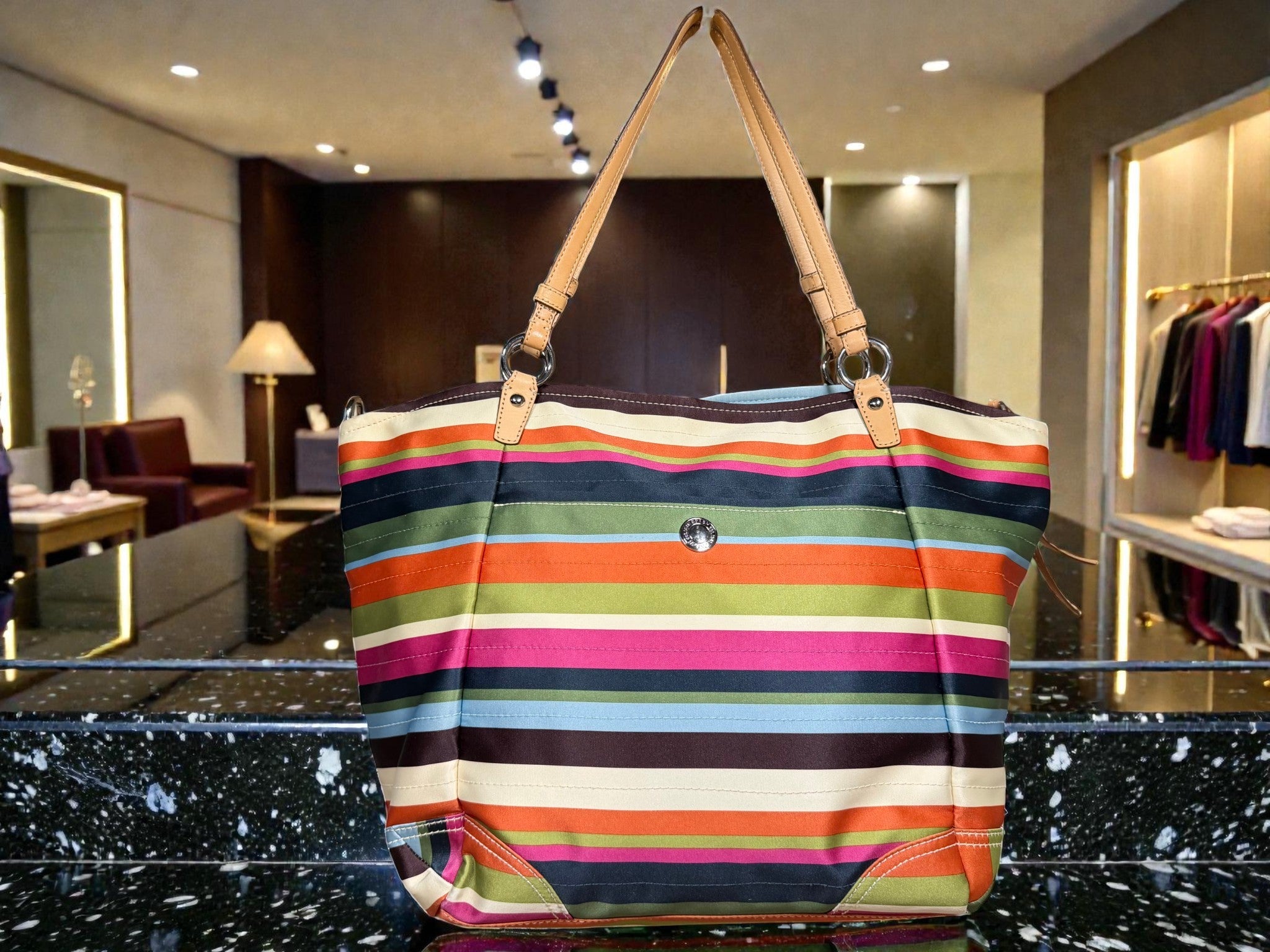 Coach Legacy Leah Satin Stripe Large Tote – Multicolour Nylon & Leather Trim