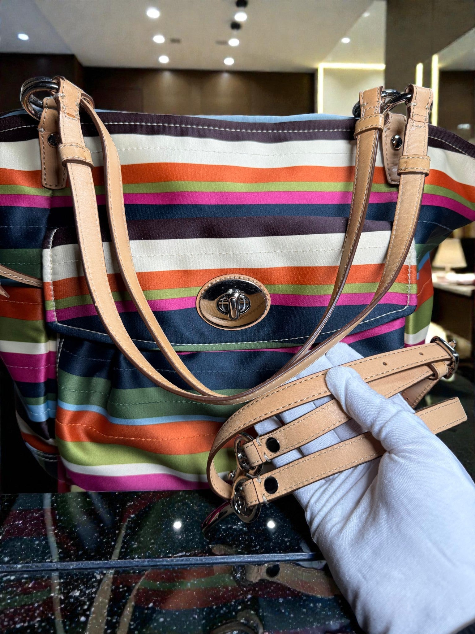 Coach Legacy Leah Satin Stripe Large Tote – Multicolour Nylon & Leather Trim