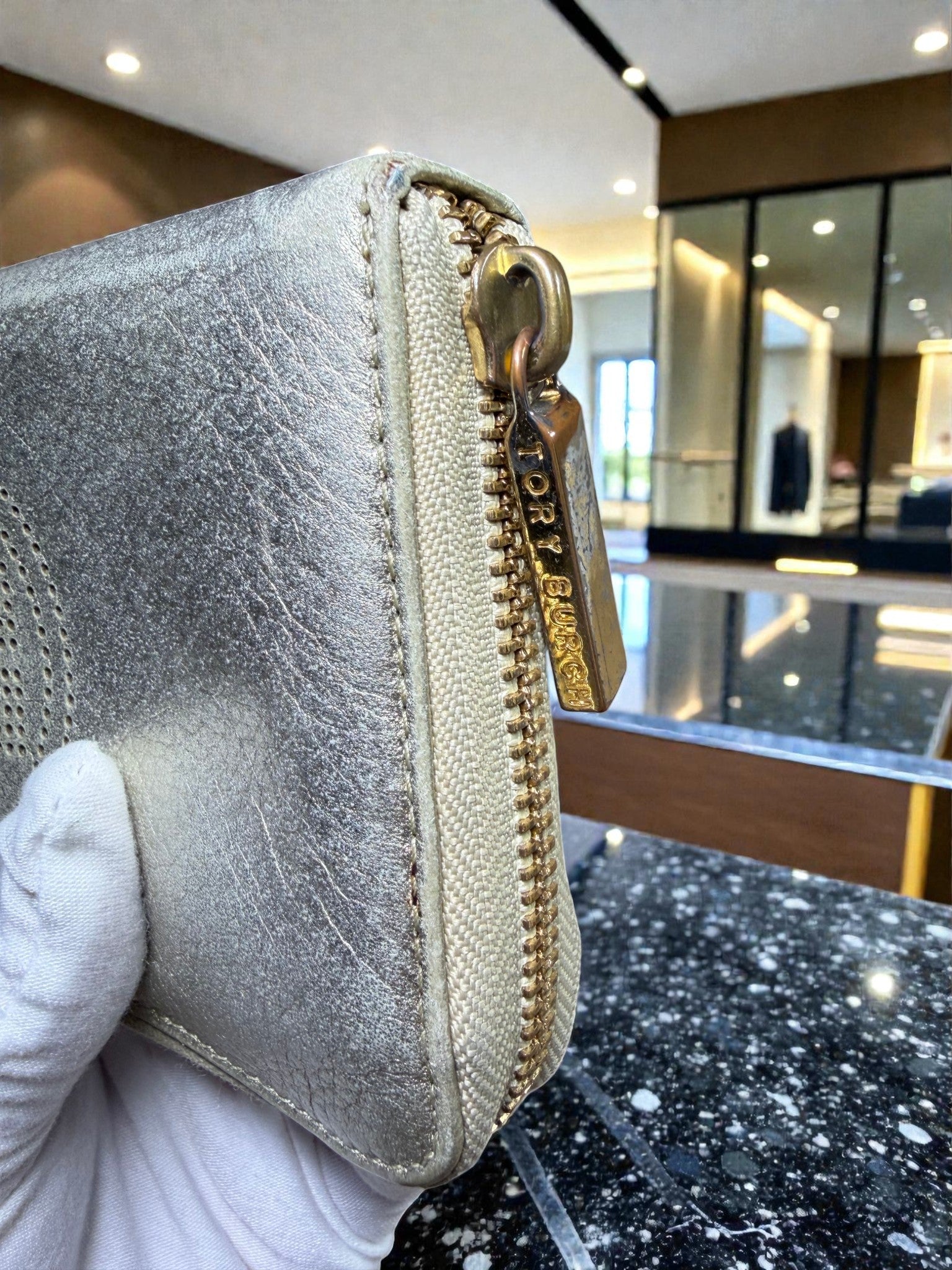 Tory Burch Metallic Silver Zip-Around Long Wallet