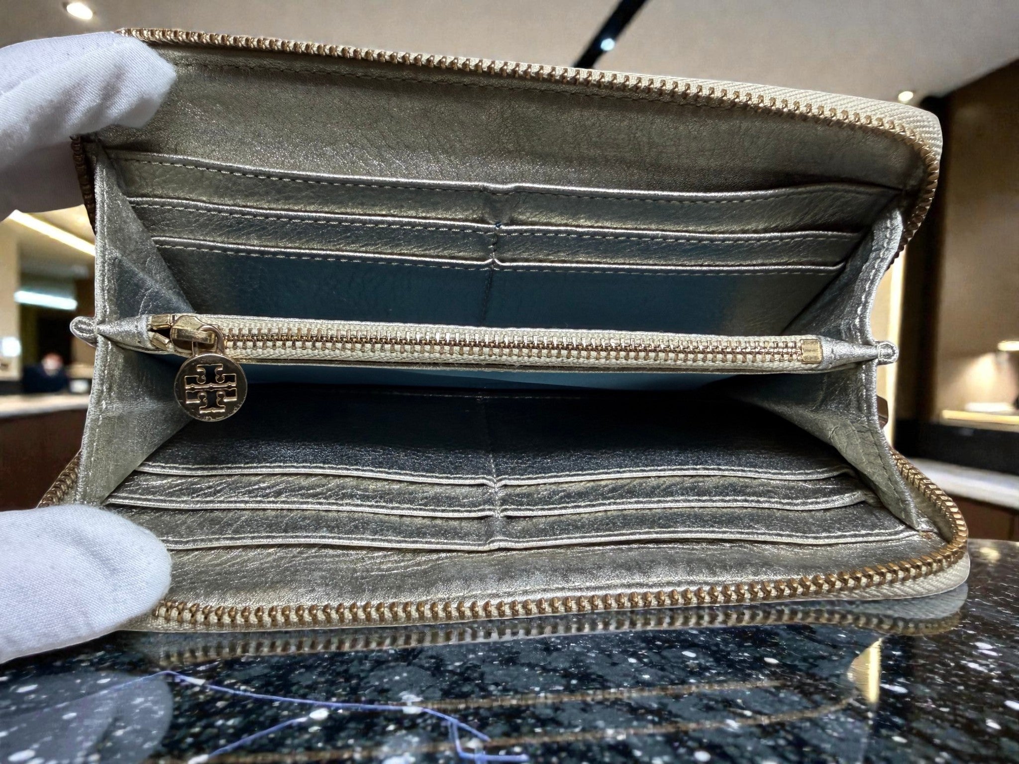 Tory Burch Metallic Silver Zip-Around Long Wallet