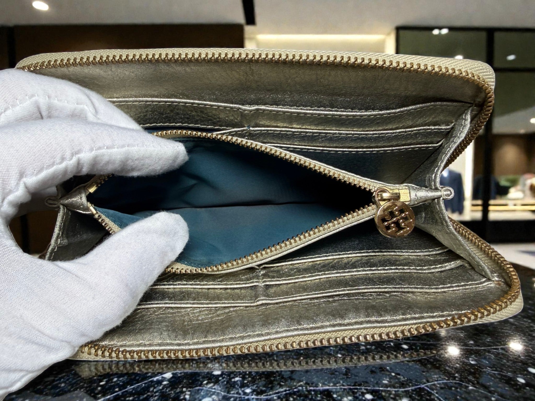 Tory Burch Metallic Silver Zip-Around Long Wallet