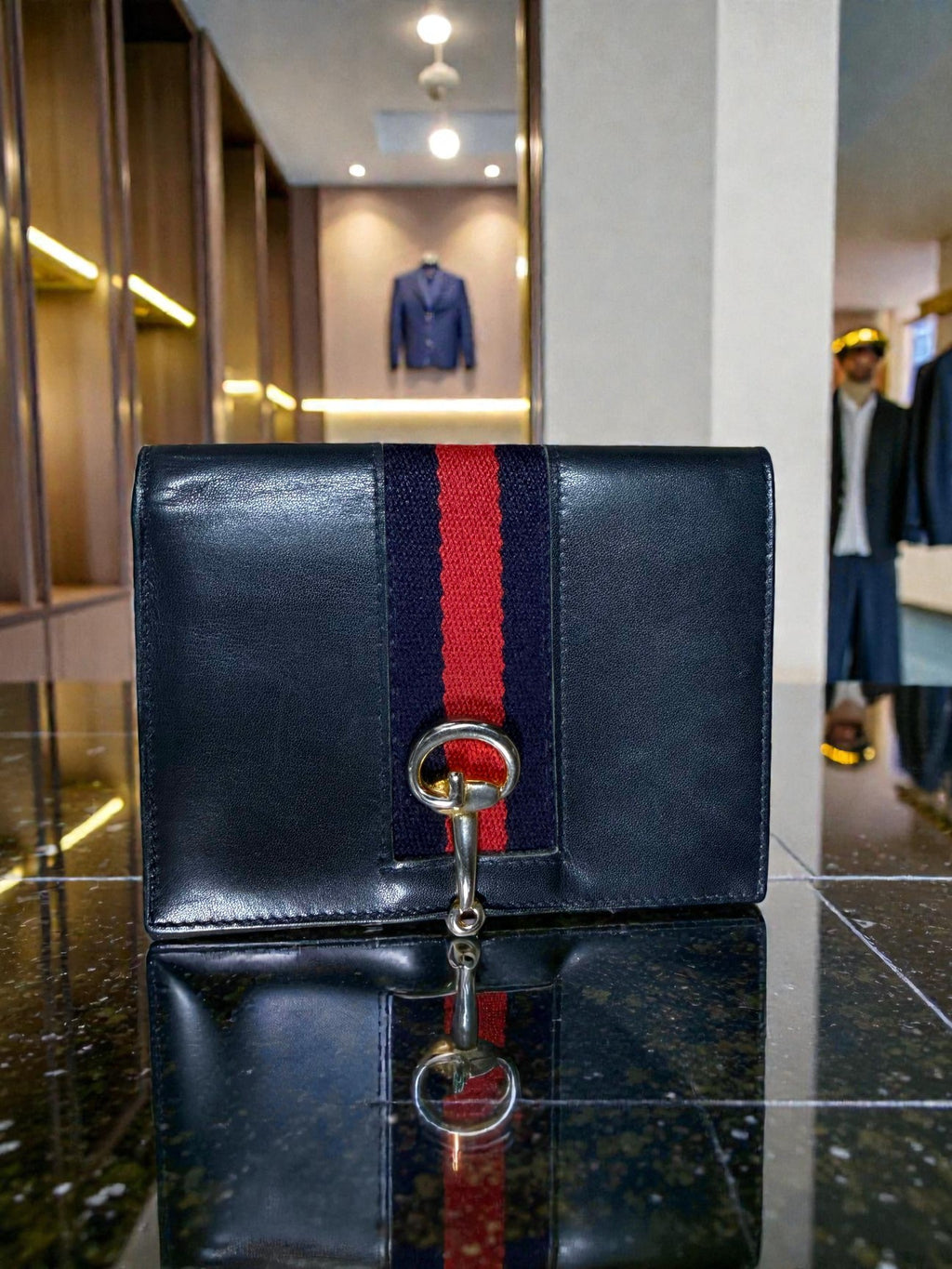 1970s Gucci Black Leather Web Stripe Horsebit Wallet