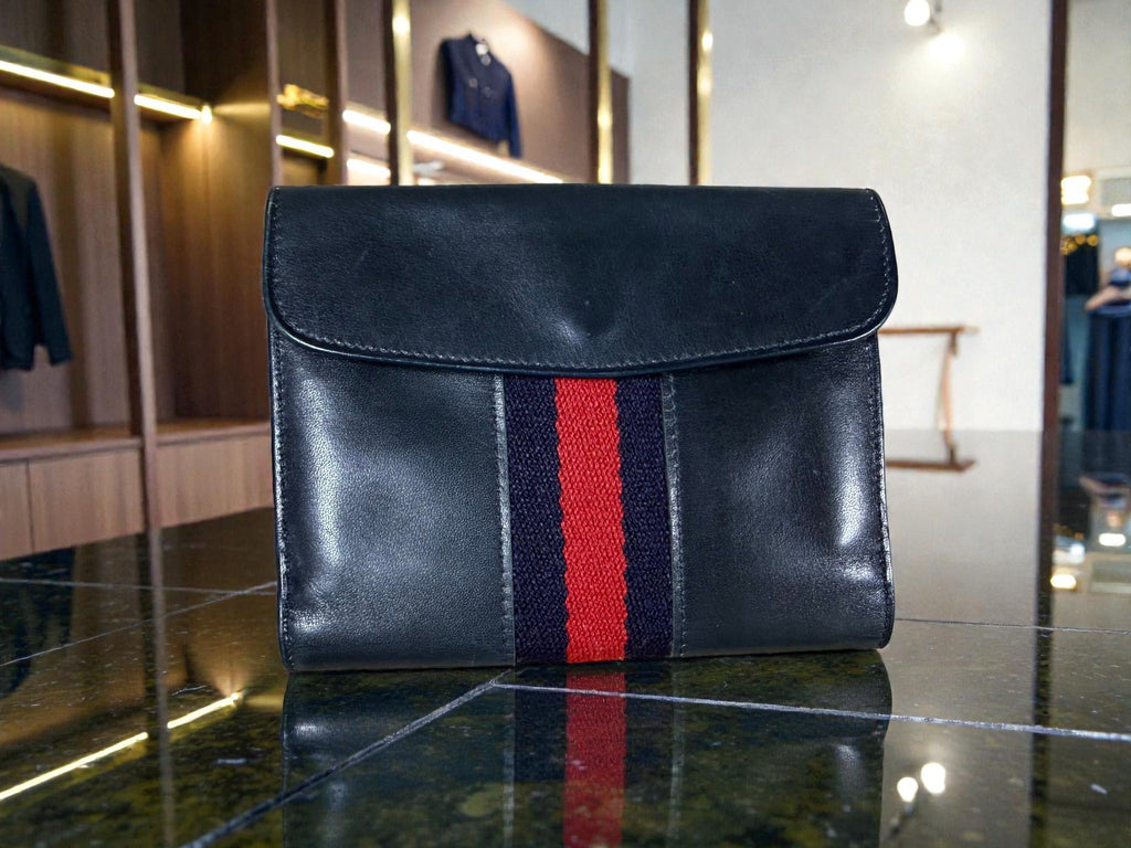 1970s Gucci Black Leather Web Stripe Horsebit Wallet