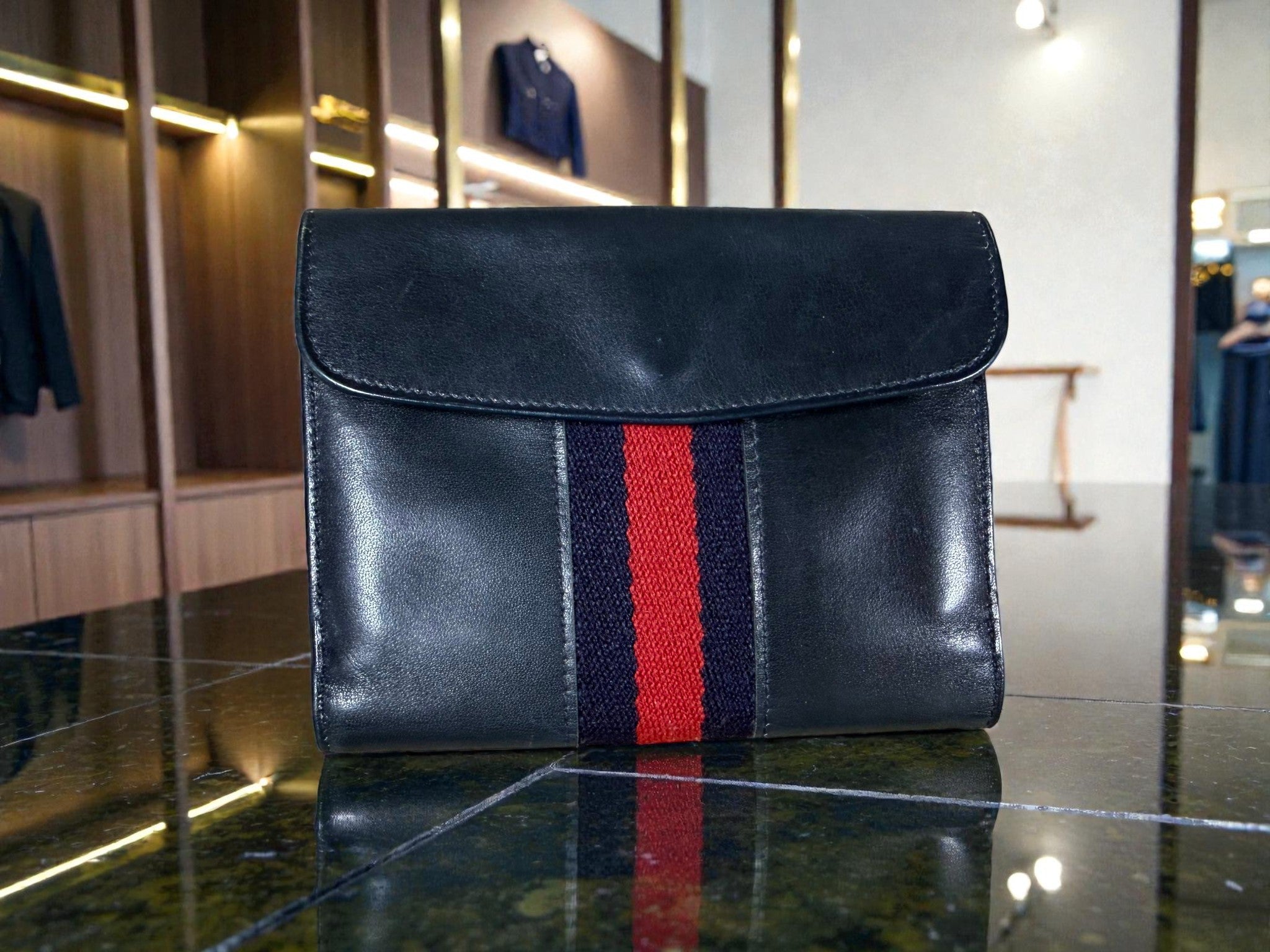1970s Gucci Black Leather Web Stripe Horsebit Wallet